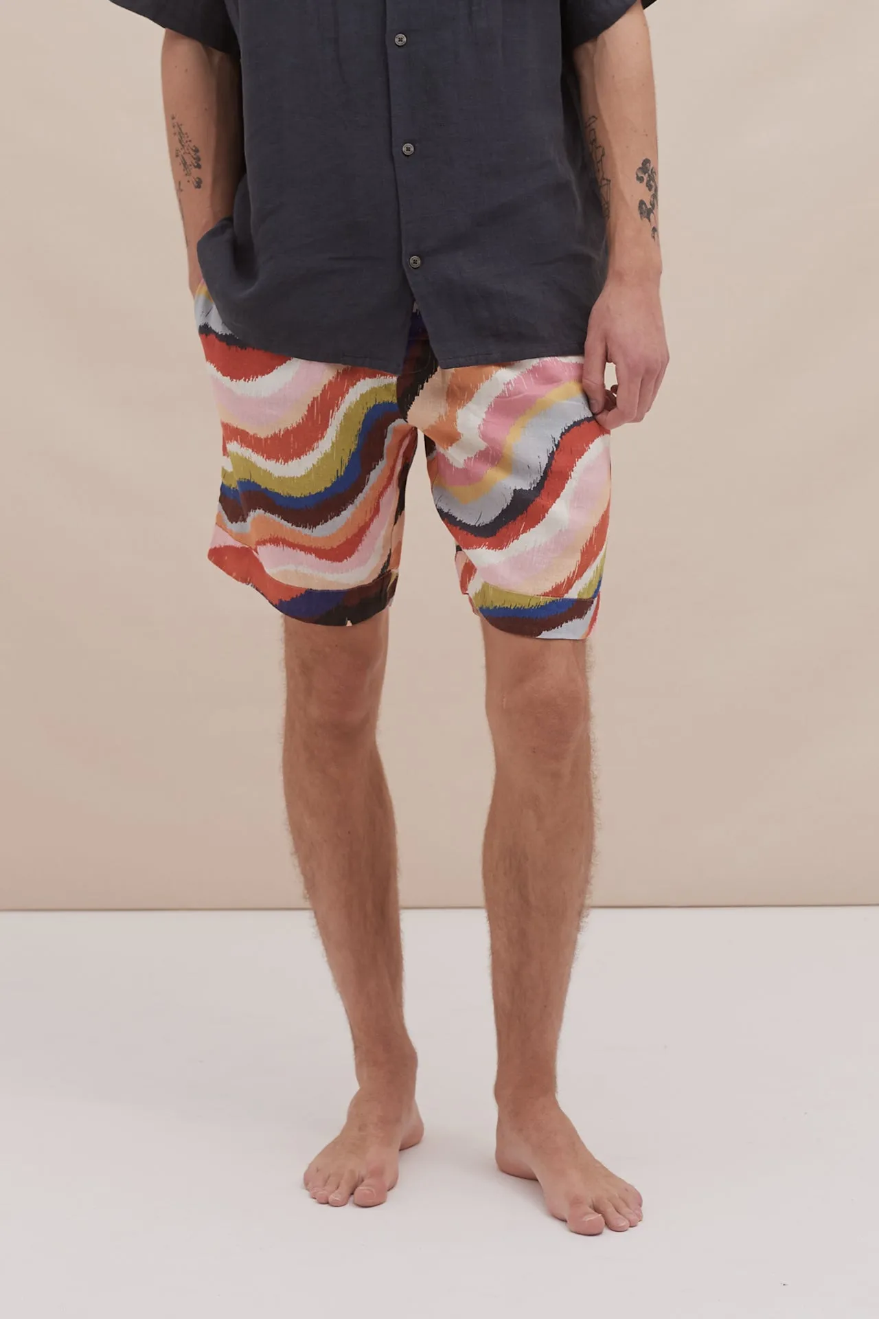 Men’s Pyjama Shorts Tide Print Multi Linen sold by Desmond & Dempsey