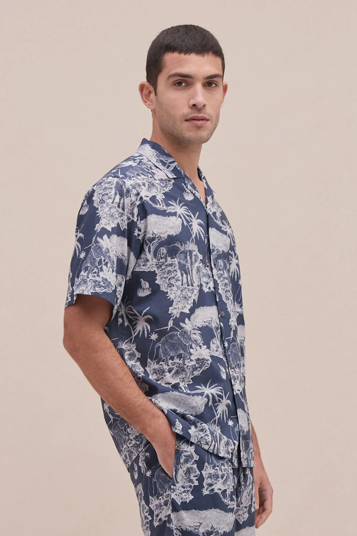 Men’s Cuban Pyjama Shirt Loxodonta Print Navy sold by Desmond & Dempsey product image thumbnail 2
