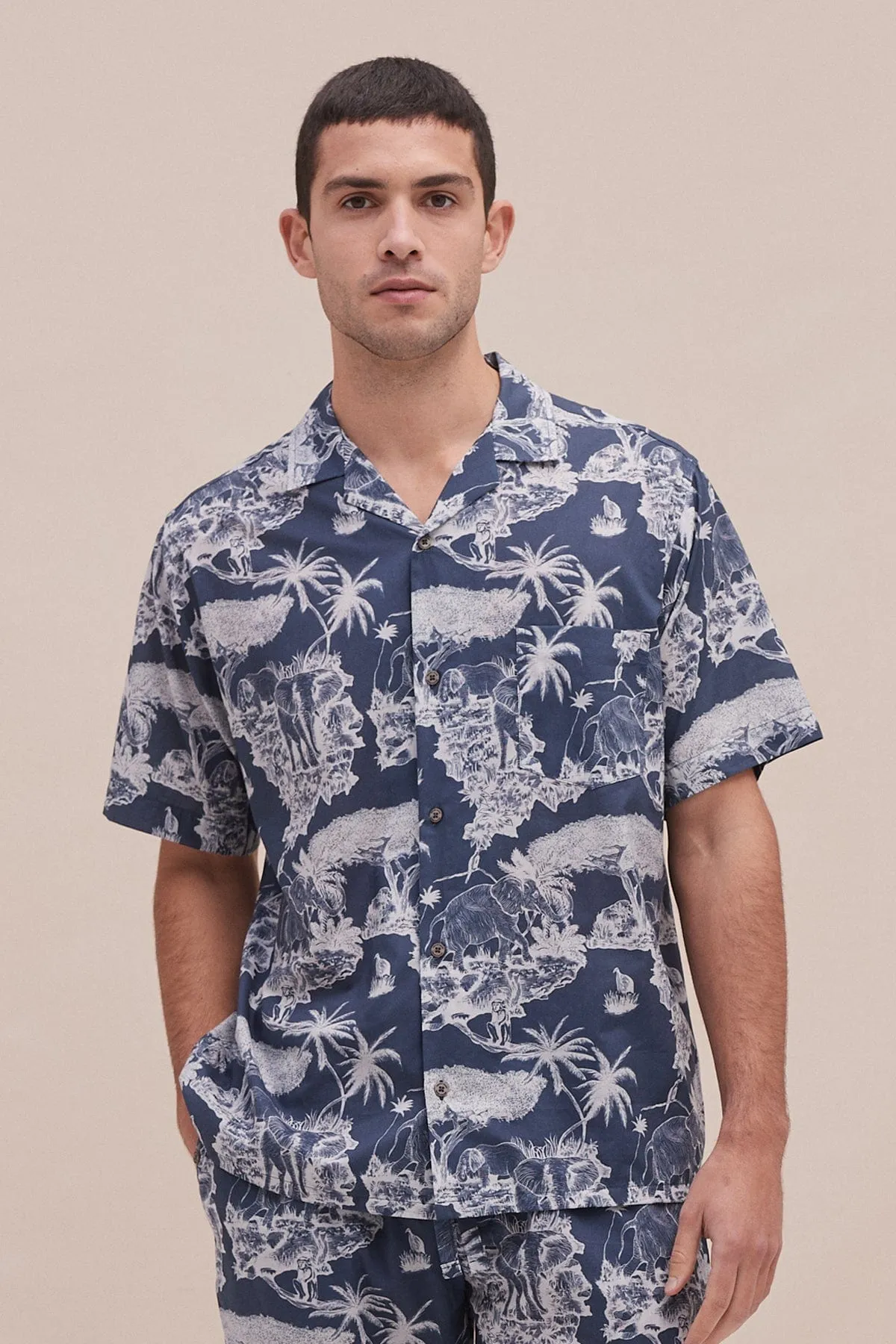 Men’s Cuban Pyjama Shirt Loxodonta Print Navy sold by Desmond & Dempsey