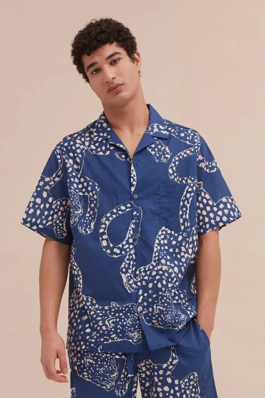 Men’s Cuban Pyjama Shirt The Jag Print Blue made by Desmond & Dempsey
