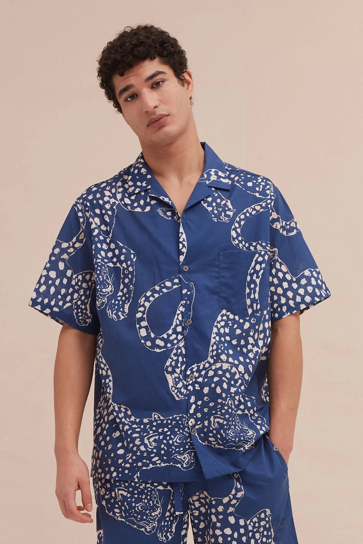 Men’s Cuban Pyjama Shirt The Jag Print Blue sold by Desmond & Dempsey