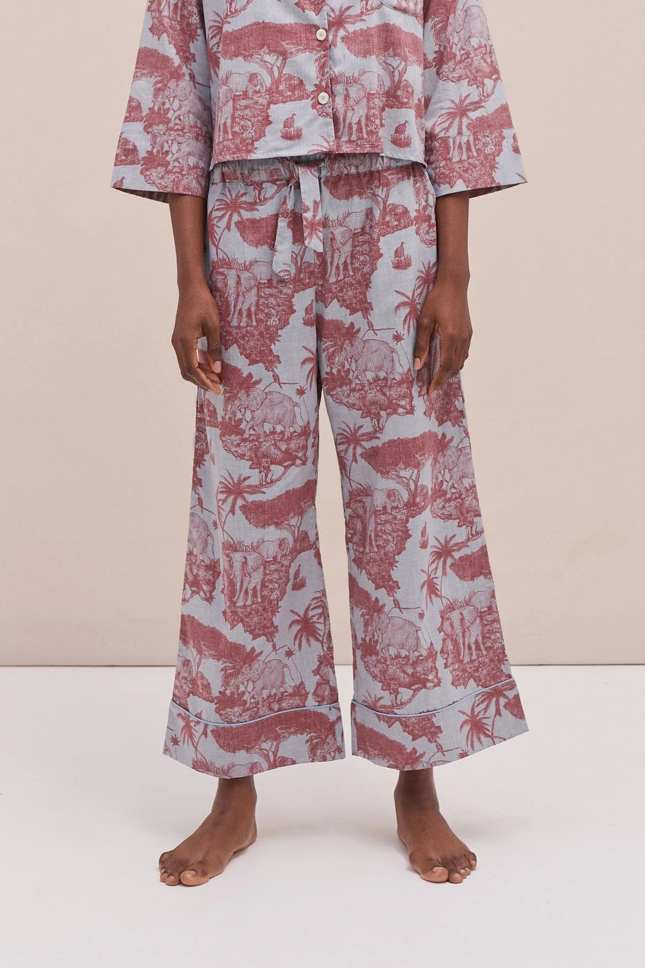 Wide Leg Pyjama Trousers Loxodonta Print Chambray/Red sold by Desmond & Dempsey