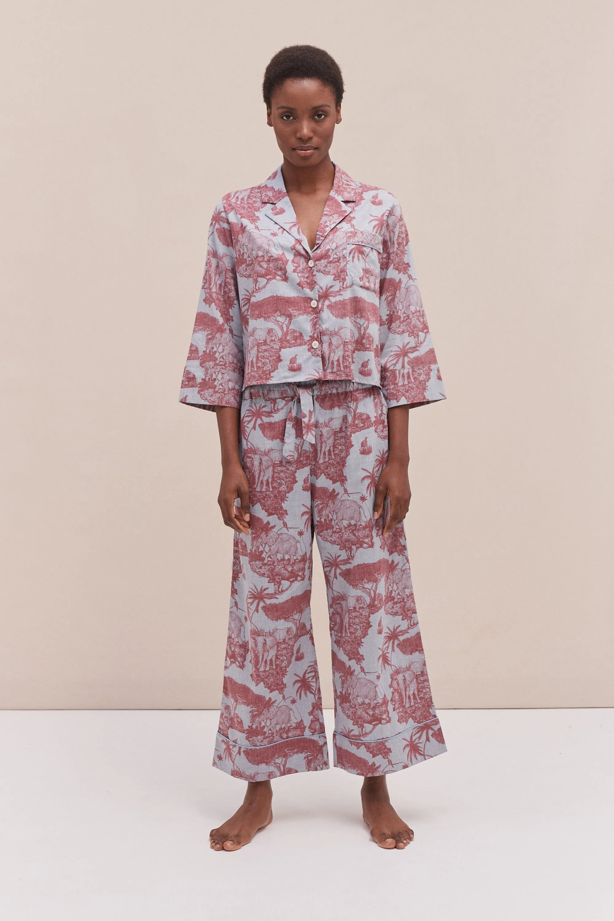 Wide Leg Pyjama Trousers Loxodonta Print Chambray/Red sold by Desmond & Dempsey product image thumbnail 4