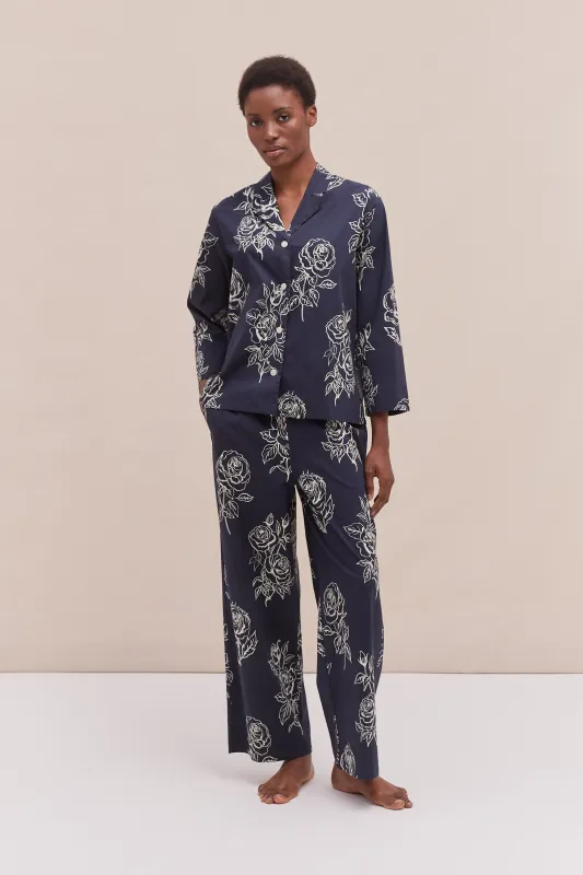 402 Long Pyjama Set Posy Navy sold by Desmond & Dempsey