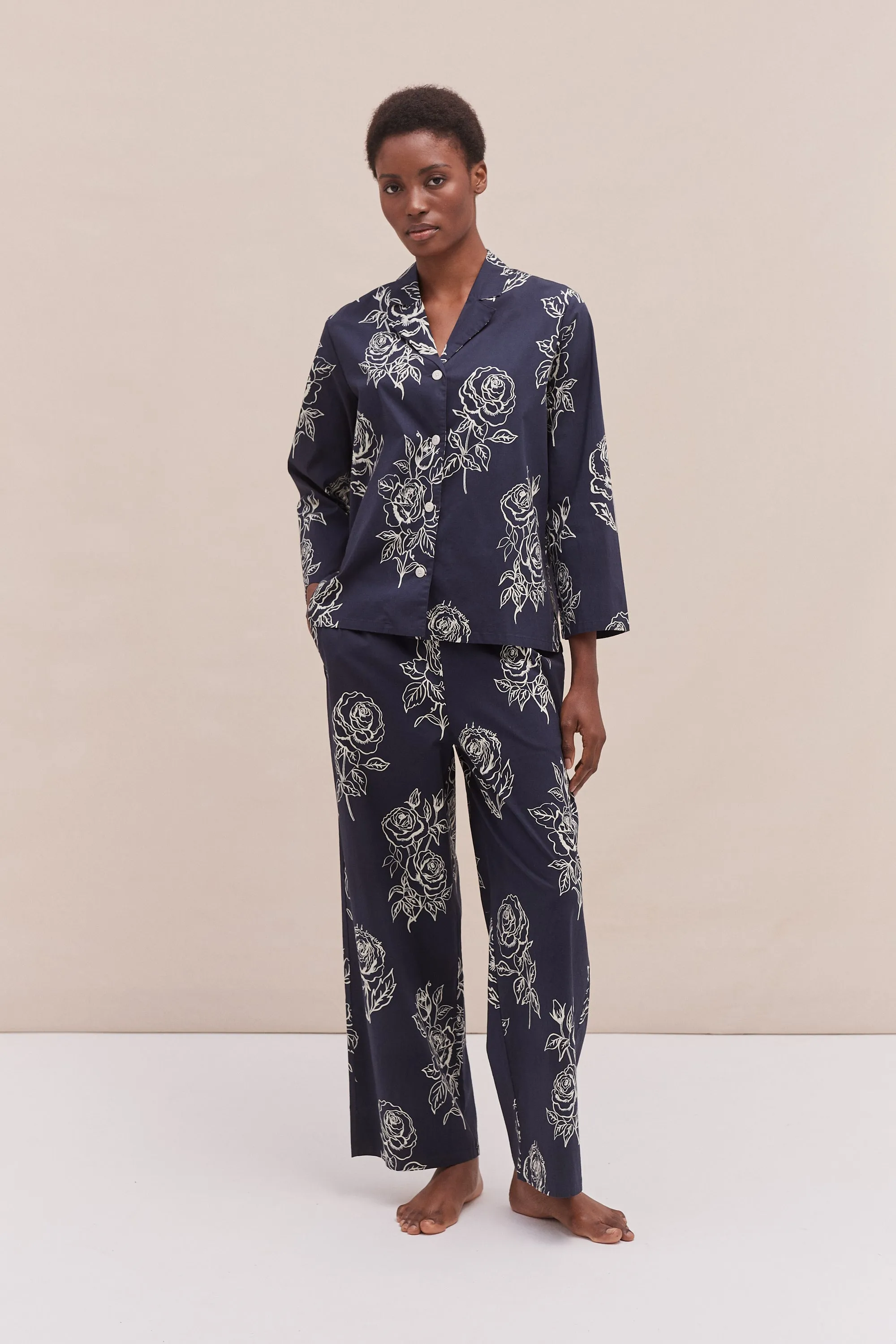 402 Long Pyjama Set Posy Navy sold by Desmond & Dempsey