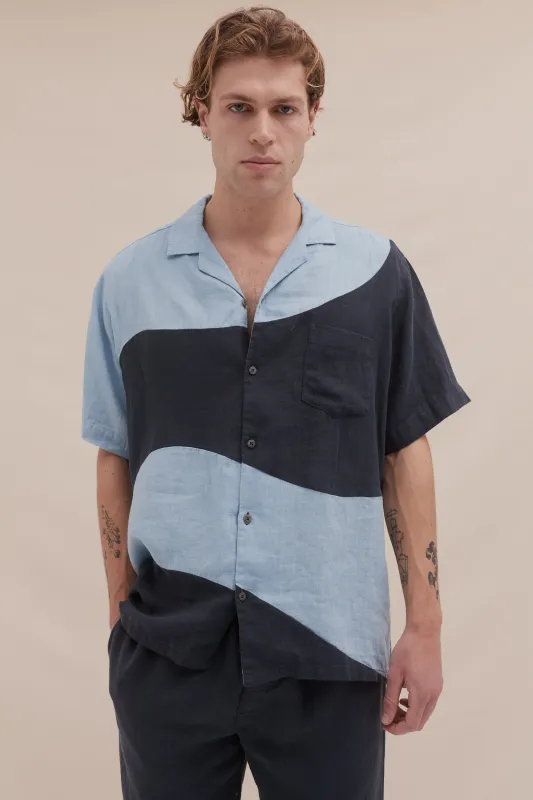 Men’s Cuban Pyjama Shirt Salacia Print Petrol/Sky Blue Linen sold by Desmond & Dempsey