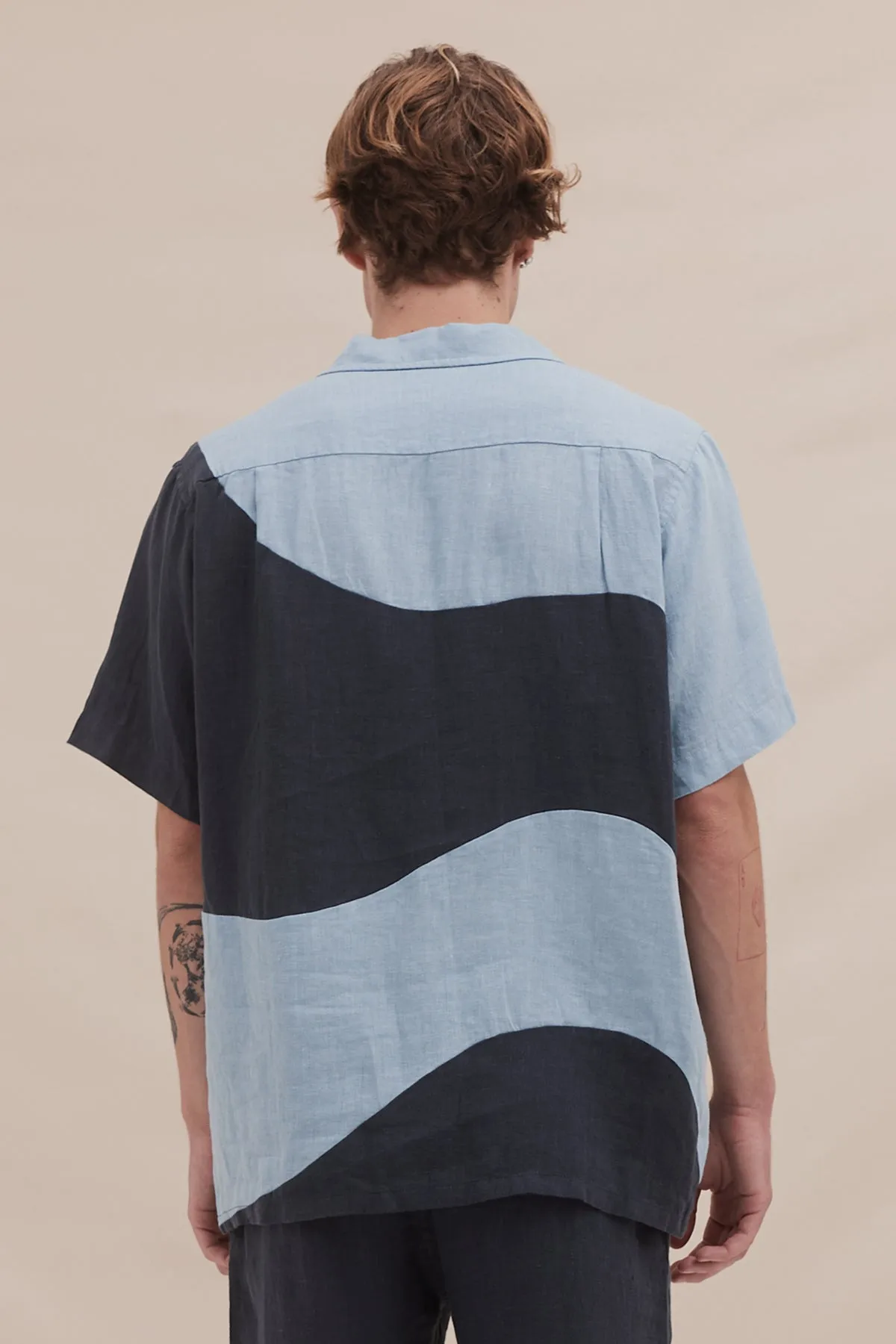 Men’s Cuban Pyjama Shirt Salacia Print Petrol/Sky Blue Linen sold by Desmond & Dempsey product image thumbnail 3