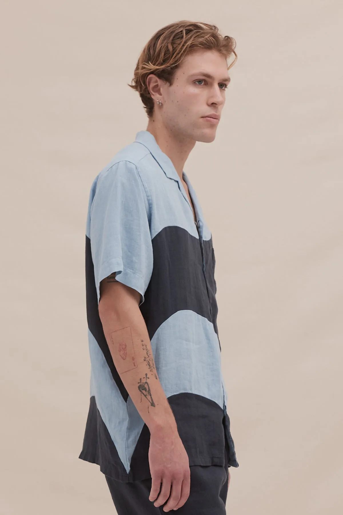 Men’s Cuban Pyjama Shirt Salacia Print Petrol/Sky Blue Linen sold by Desmond & Dempsey product image thumbnail 2