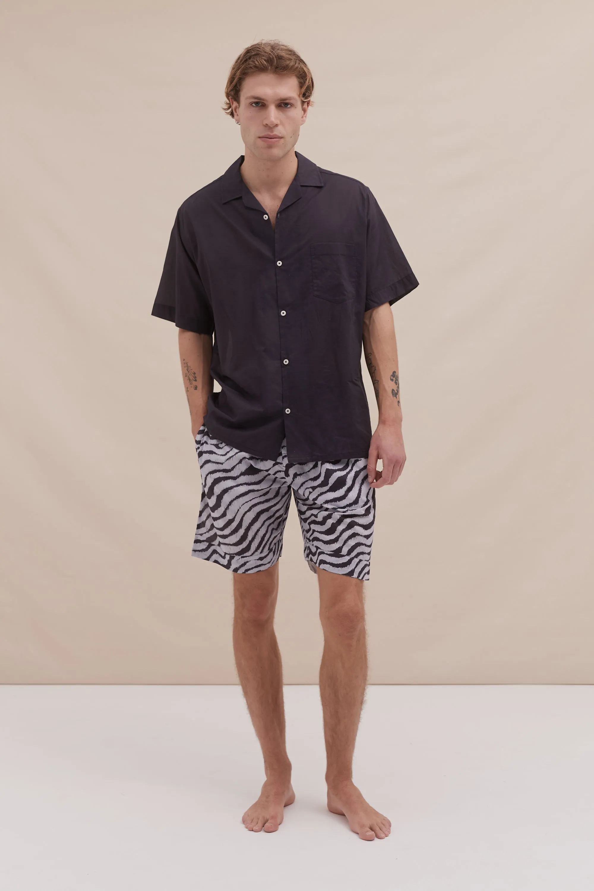 Men’s Cuban Pyjama Shirt Hibiscus Print Navy sold by Desmond & Dempsey product image thumbnail 5