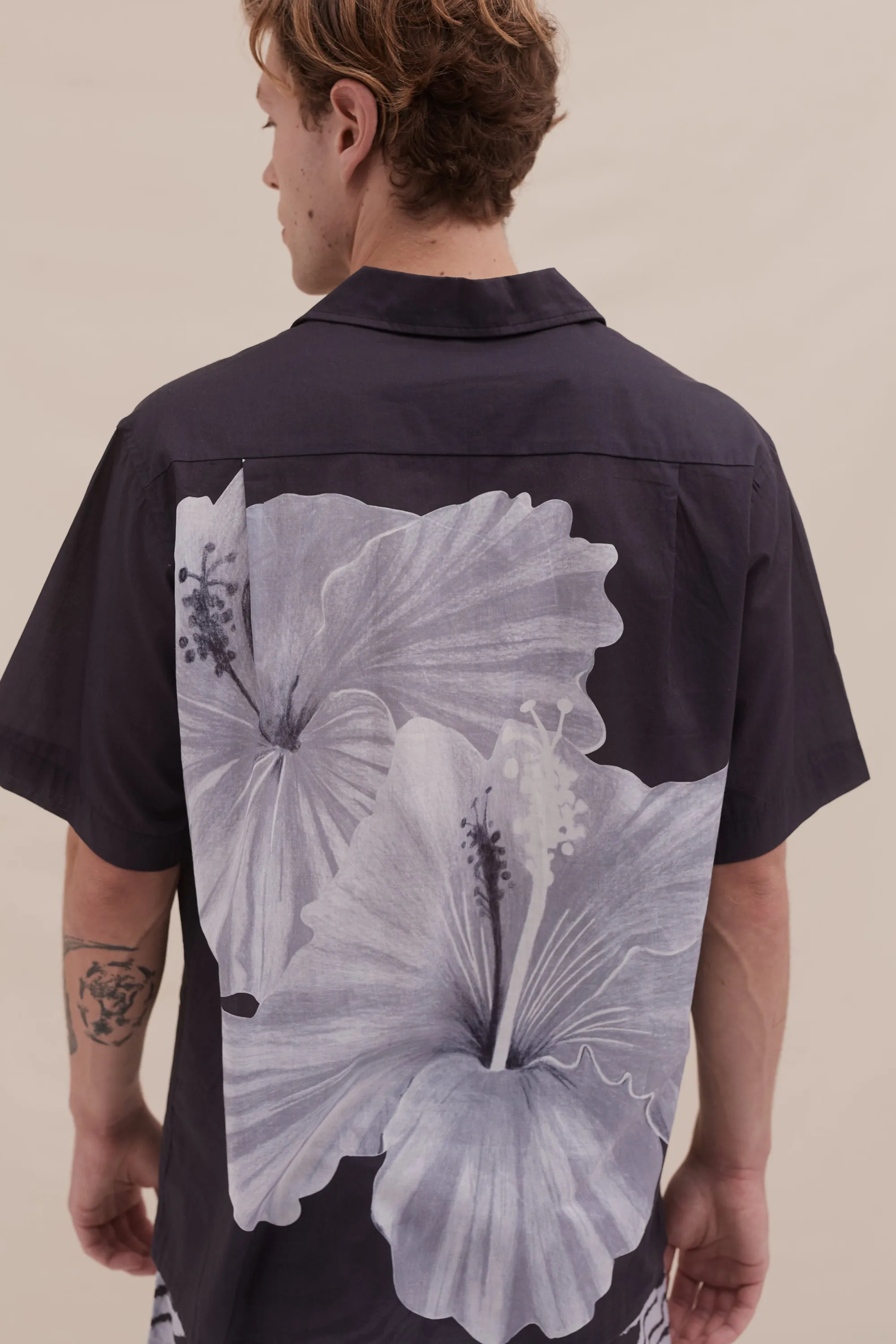 Men’s Cuban Pyjama Shirt Hibiscus Print Navy sold by Desmond & Dempsey product image thumbnail 3