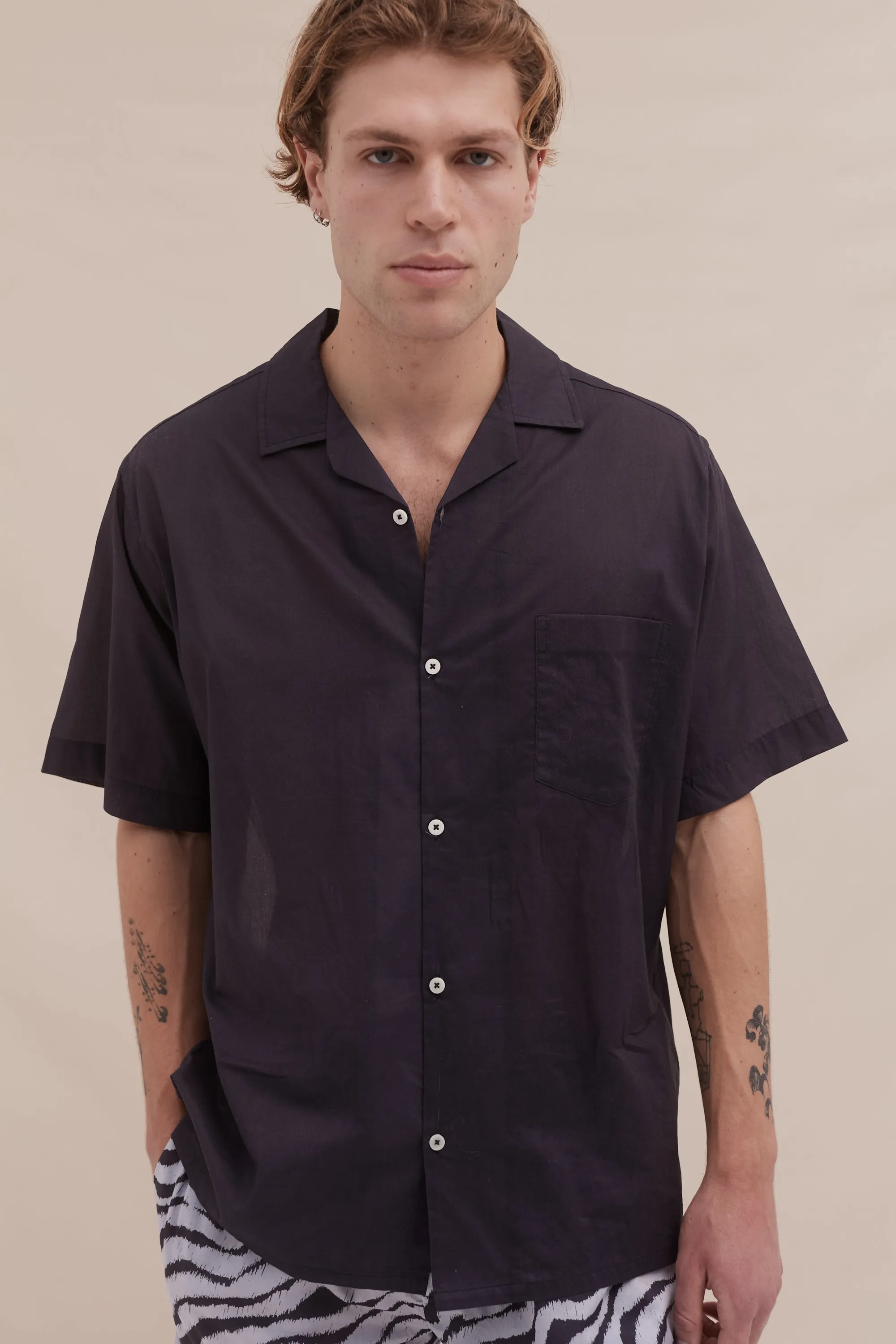 Men’s Cuban Pyjama Shirt Hibiscus Print Navy sold by Desmond & Dempsey