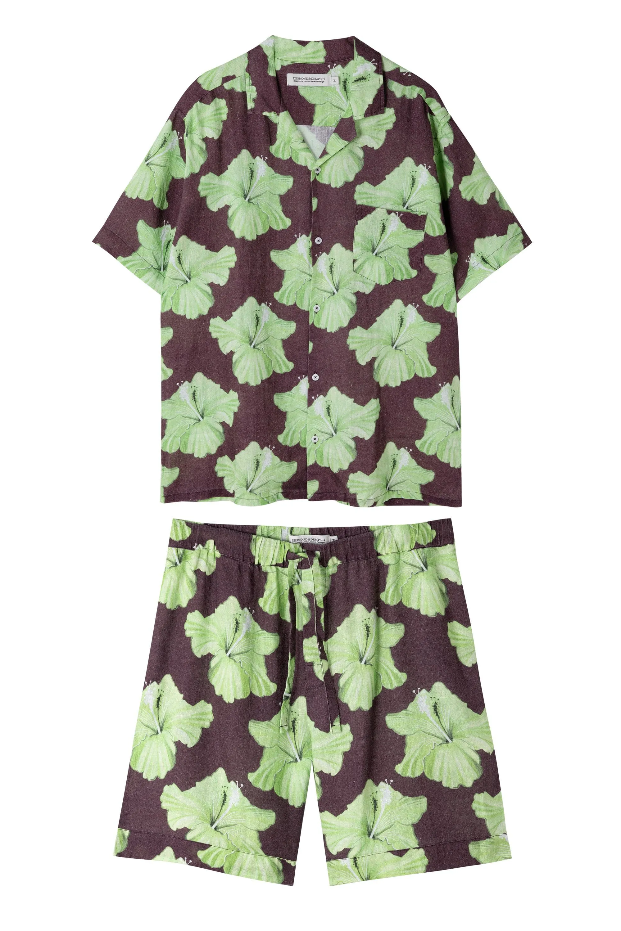 Men’s Cuban Pyjama Set Grand Hibiscus Print Cocoa/Lime Linen sold by Desmond & Dempsey product image thumbnail 5