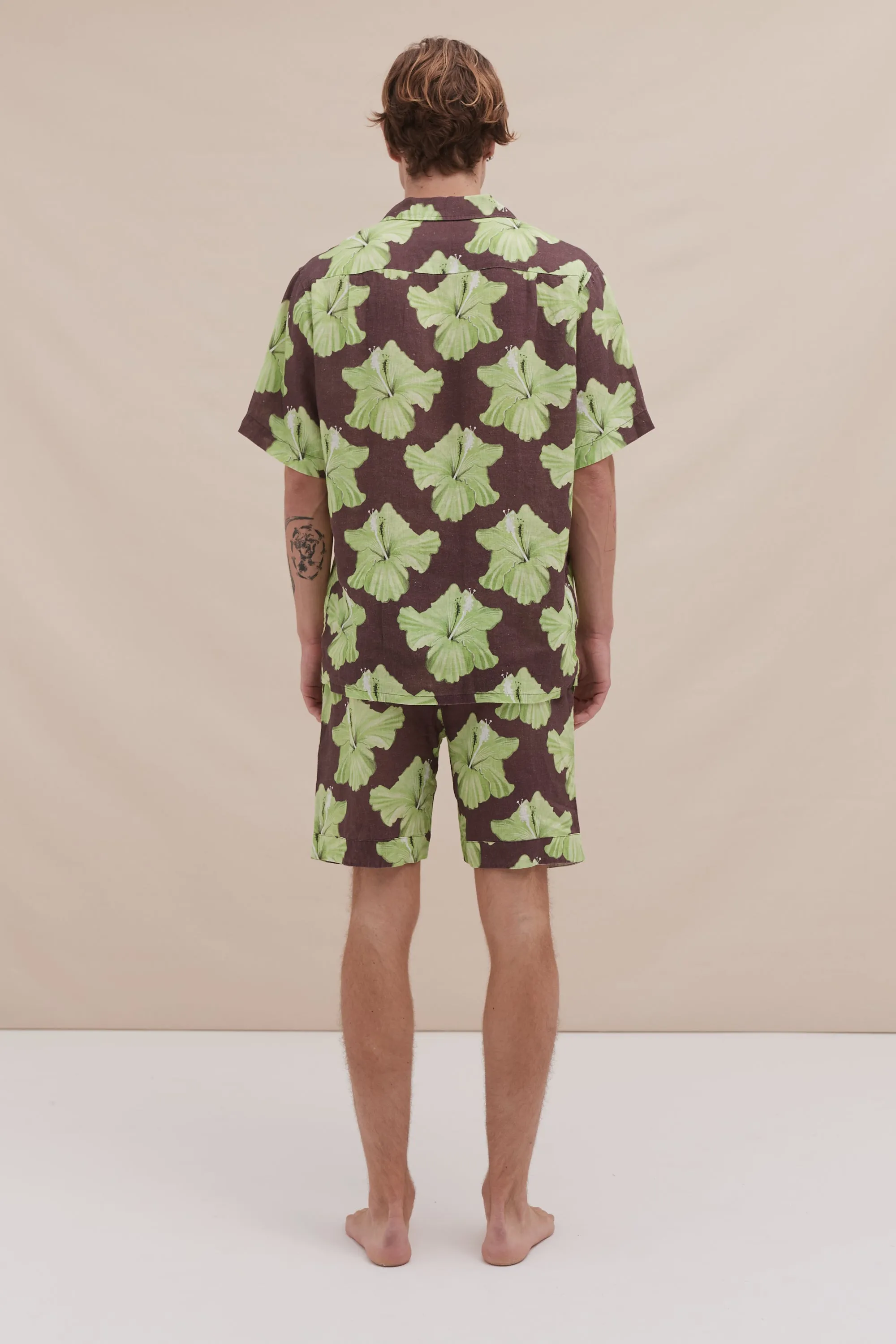Men’s Cuban Pyjama Set Grand Hibiscus Print Cocoa/Lime Linen sold by Desmond & Dempsey product image thumbnail 3