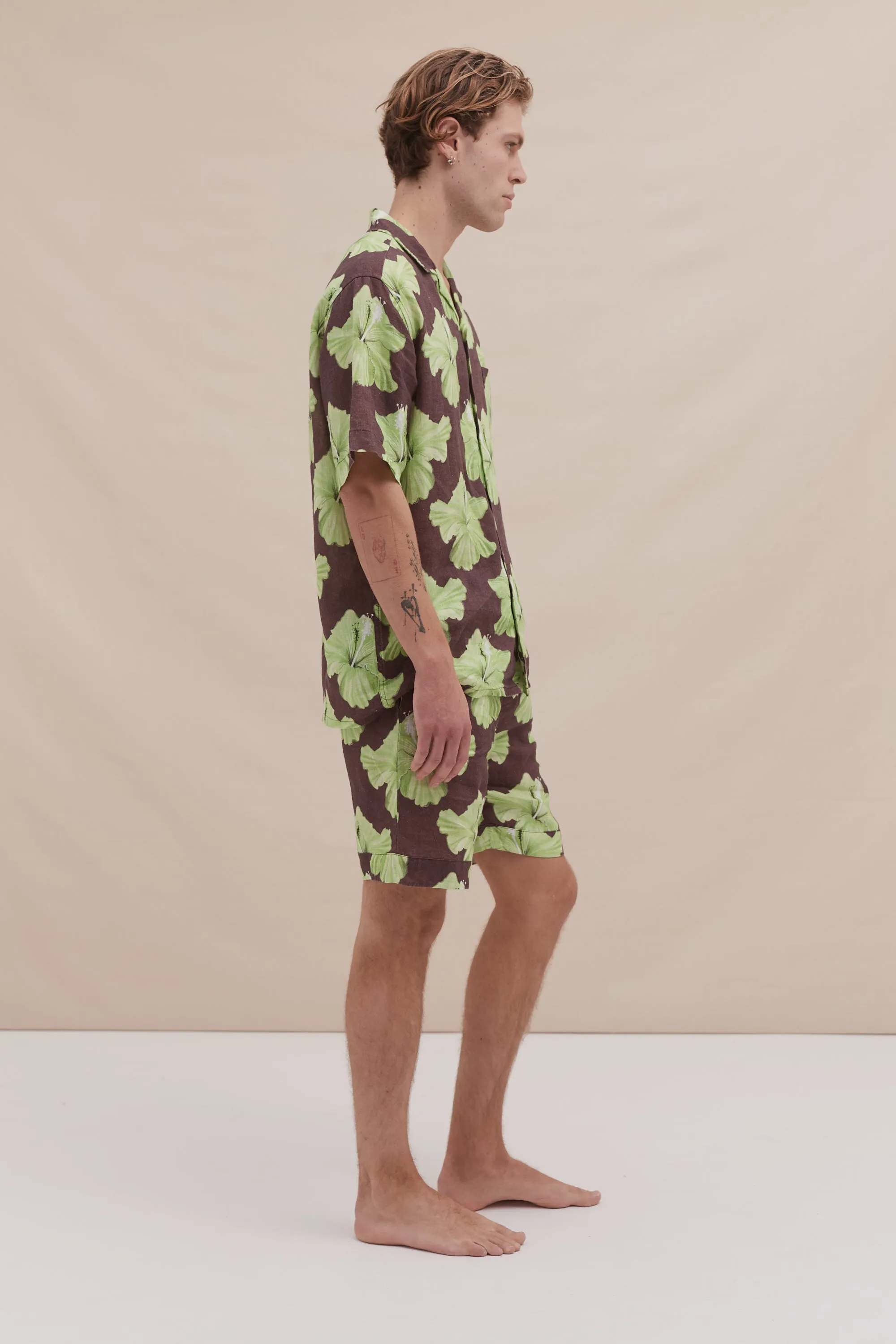 Men’s Cuban Pyjama Set Grand Hibiscus Print Cocoa/Lime Linen sold by Desmond & Dempsey product image thumbnail 2