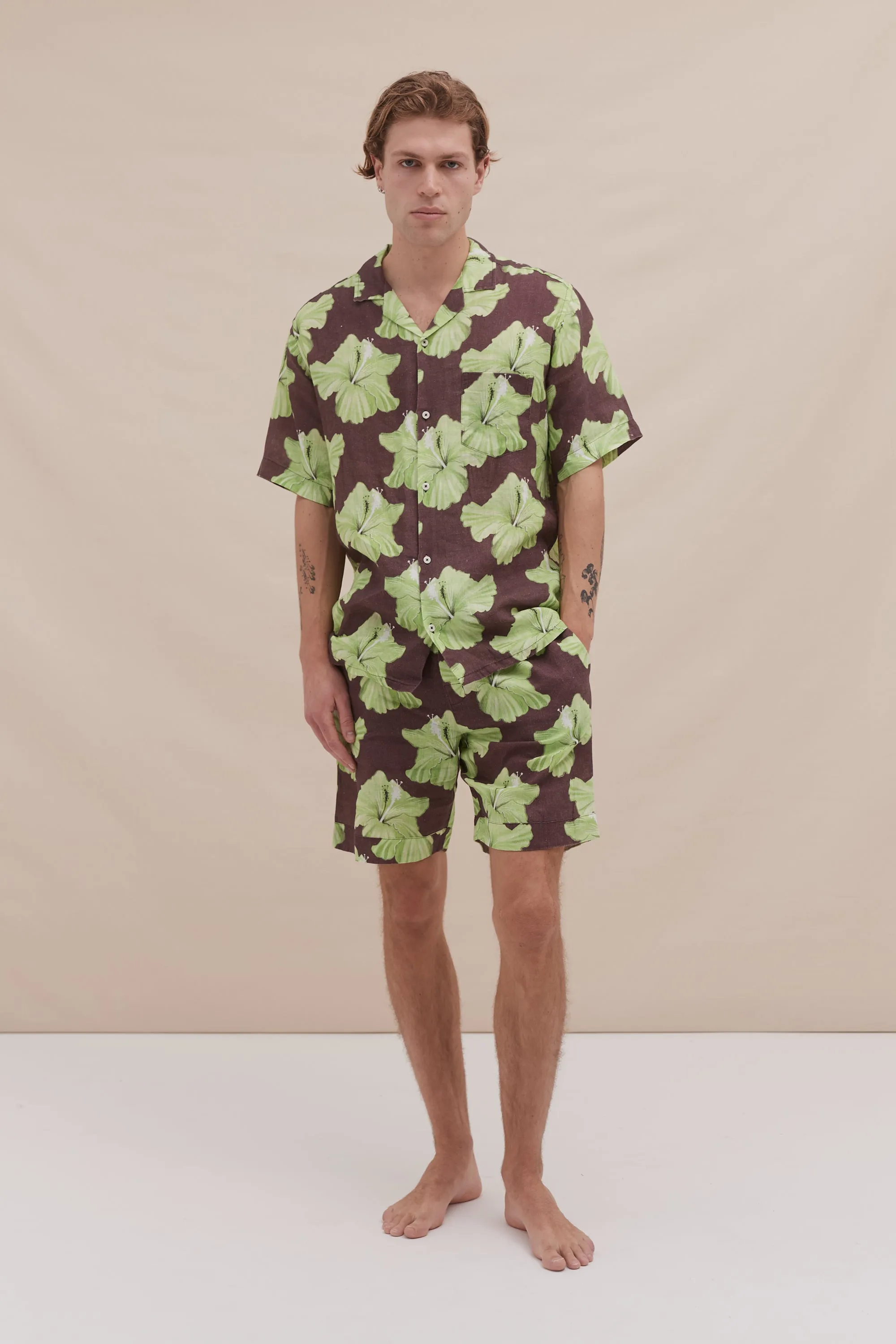 Men’s Cuban Pyjama Set Grand Hibiscus Print Cocoa/Lime Linen sold by Desmond & Dempsey