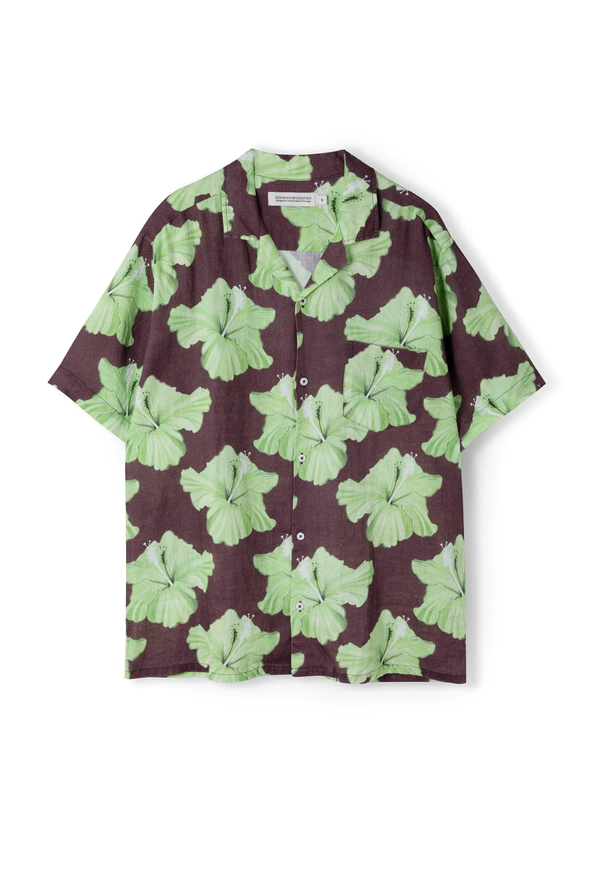 Men’s Cuban Pyjama Shirt Grand Hibiscus Print Cocoa/Lime Linen sold by Desmond & Dempsey product image thumbnail 5