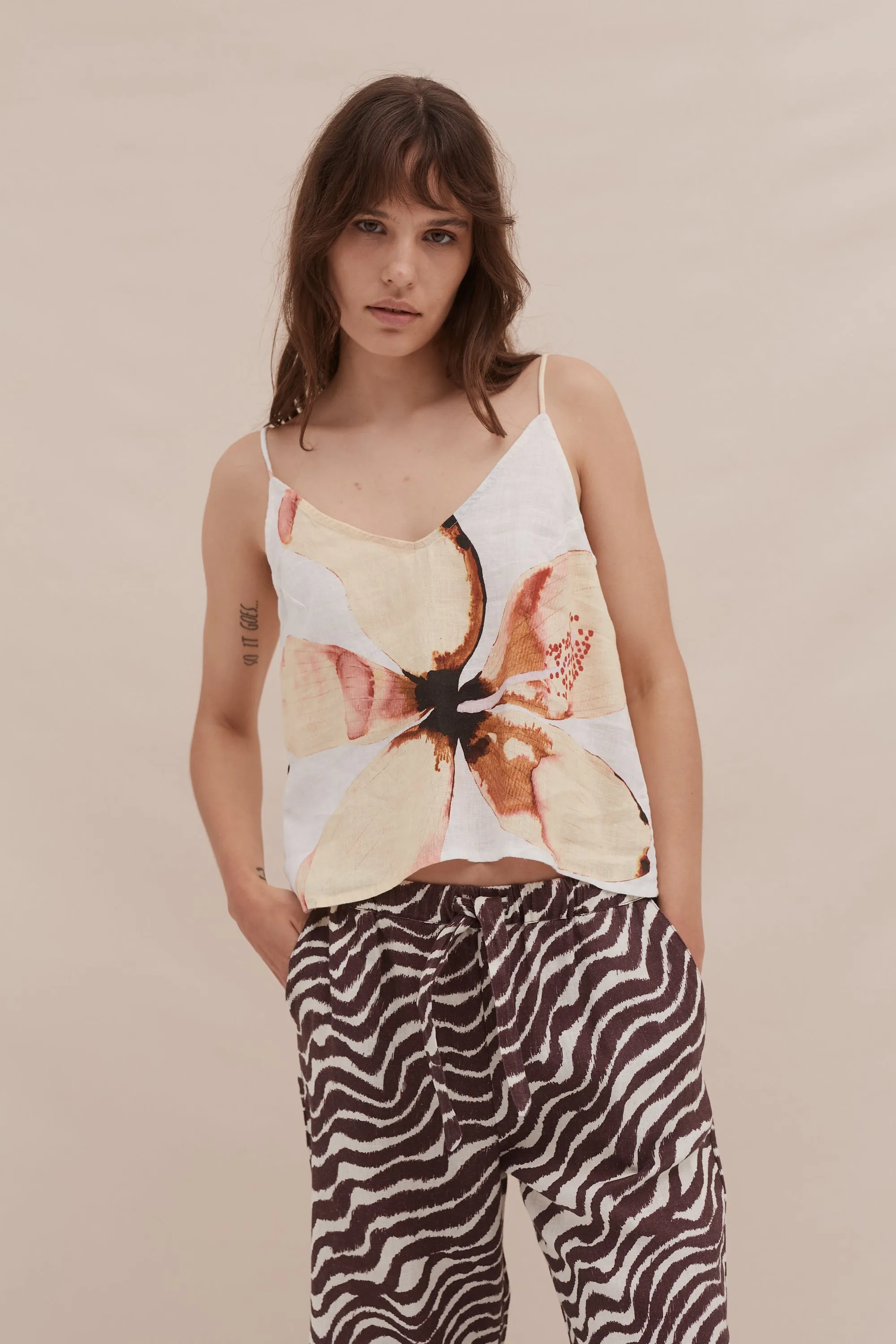 Boxy Shirt, Cami Top and Wide Leg Trouser Set Hibiscus/Tide Print Yellow/Cocoa/Cream Linen sold by Desmond & Dempsey product image thumbnail 5