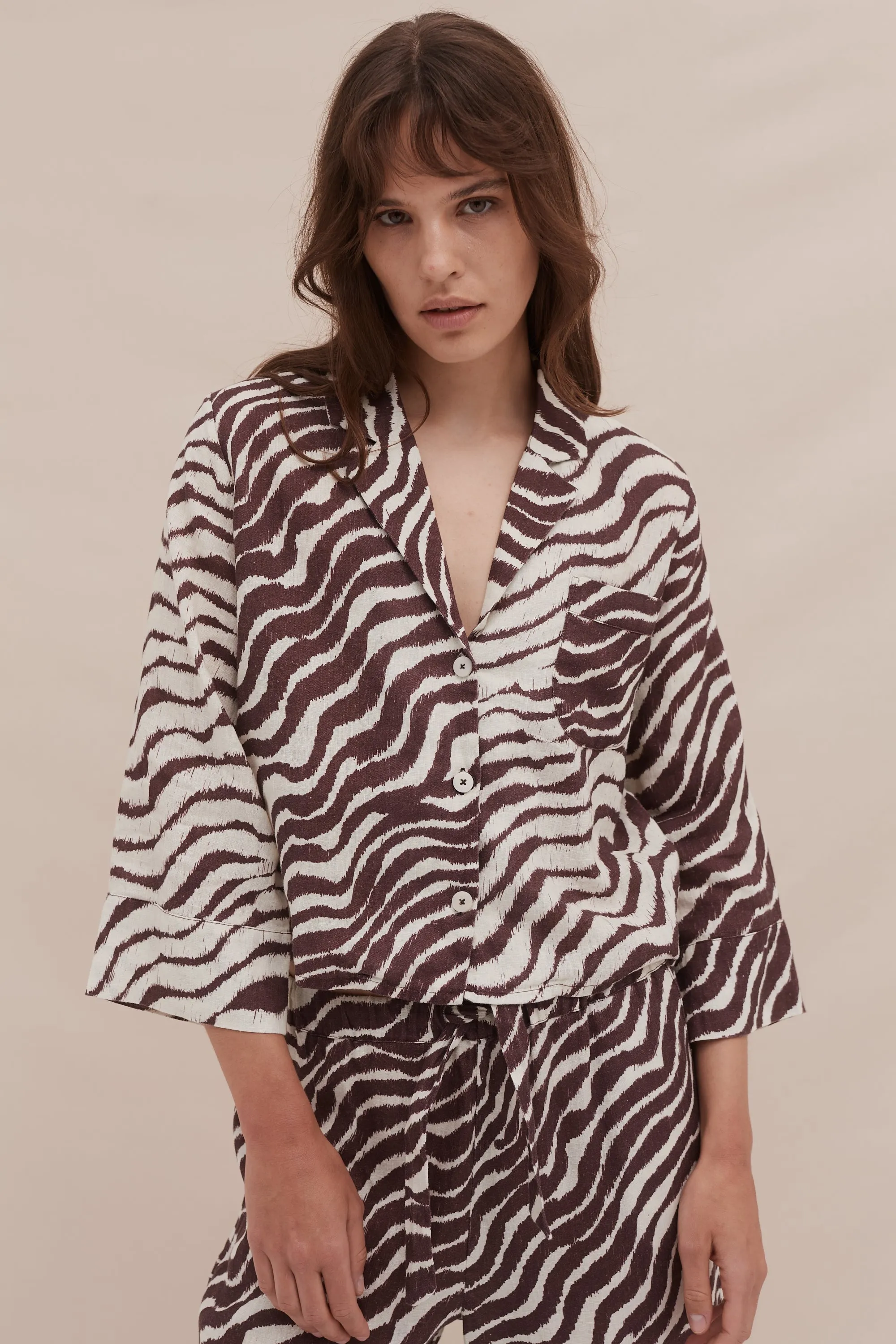 Boxy Shirt and Wide Leg Trouser Set Tide Print Cocoa/Cream Linen sold by Desmond & Dempsey product image thumbnail 5