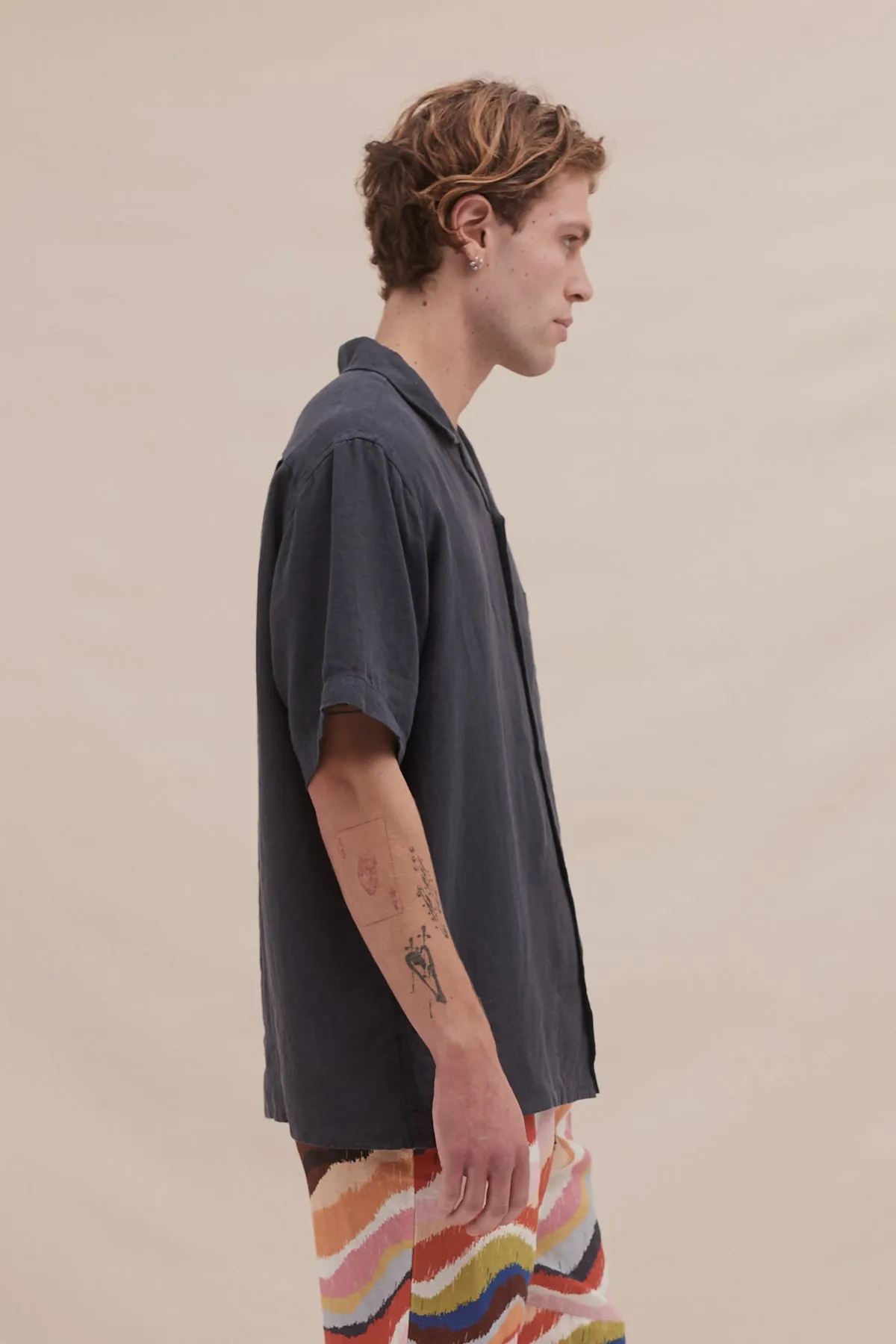 Men’s Cuban Pyjama Shirt Petrol Linen sold by Desmond & Dempsey product image thumbnail 2