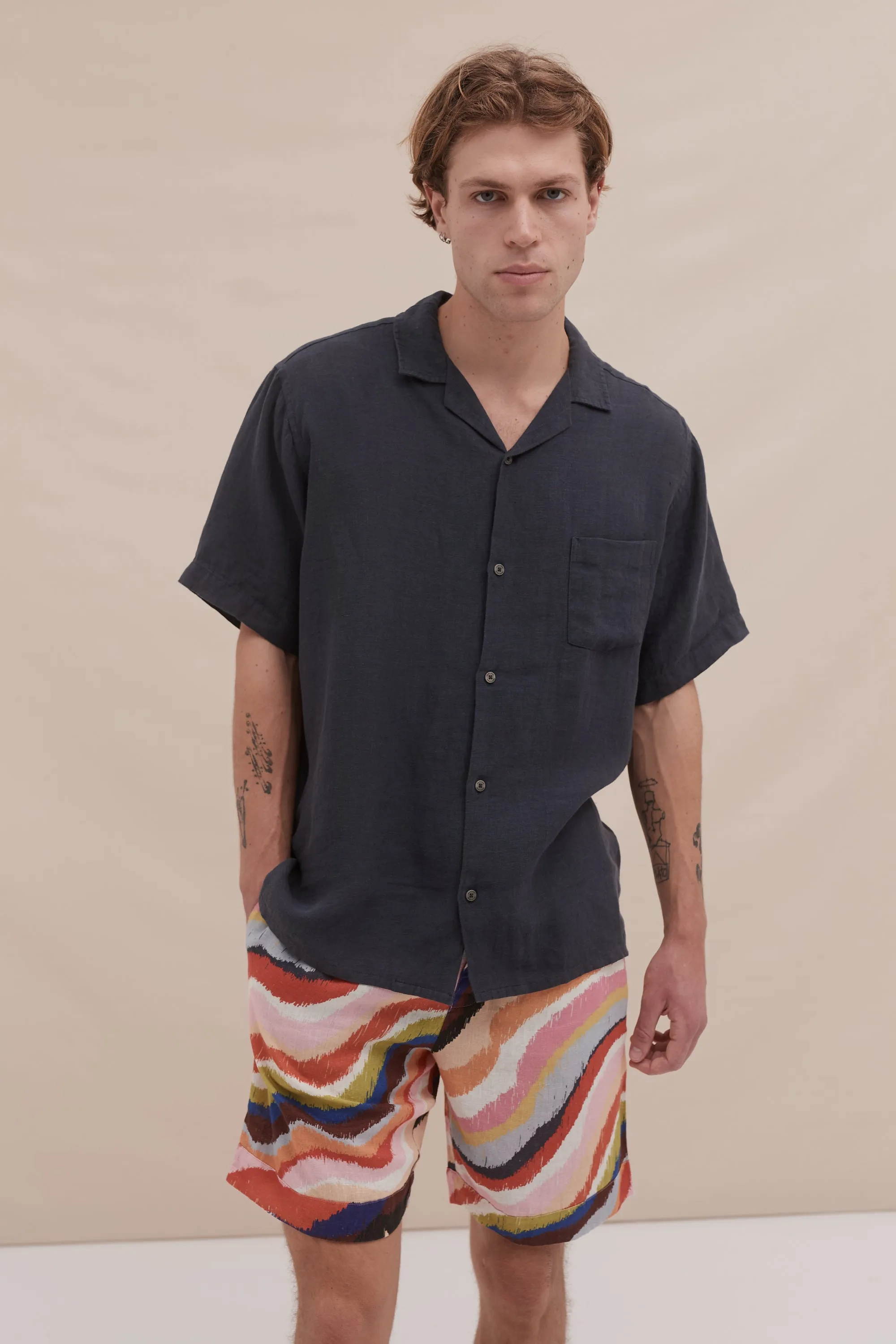 Men’s Cuban Pyjama Shirt Petrol Linen sold by Desmond & Dempsey