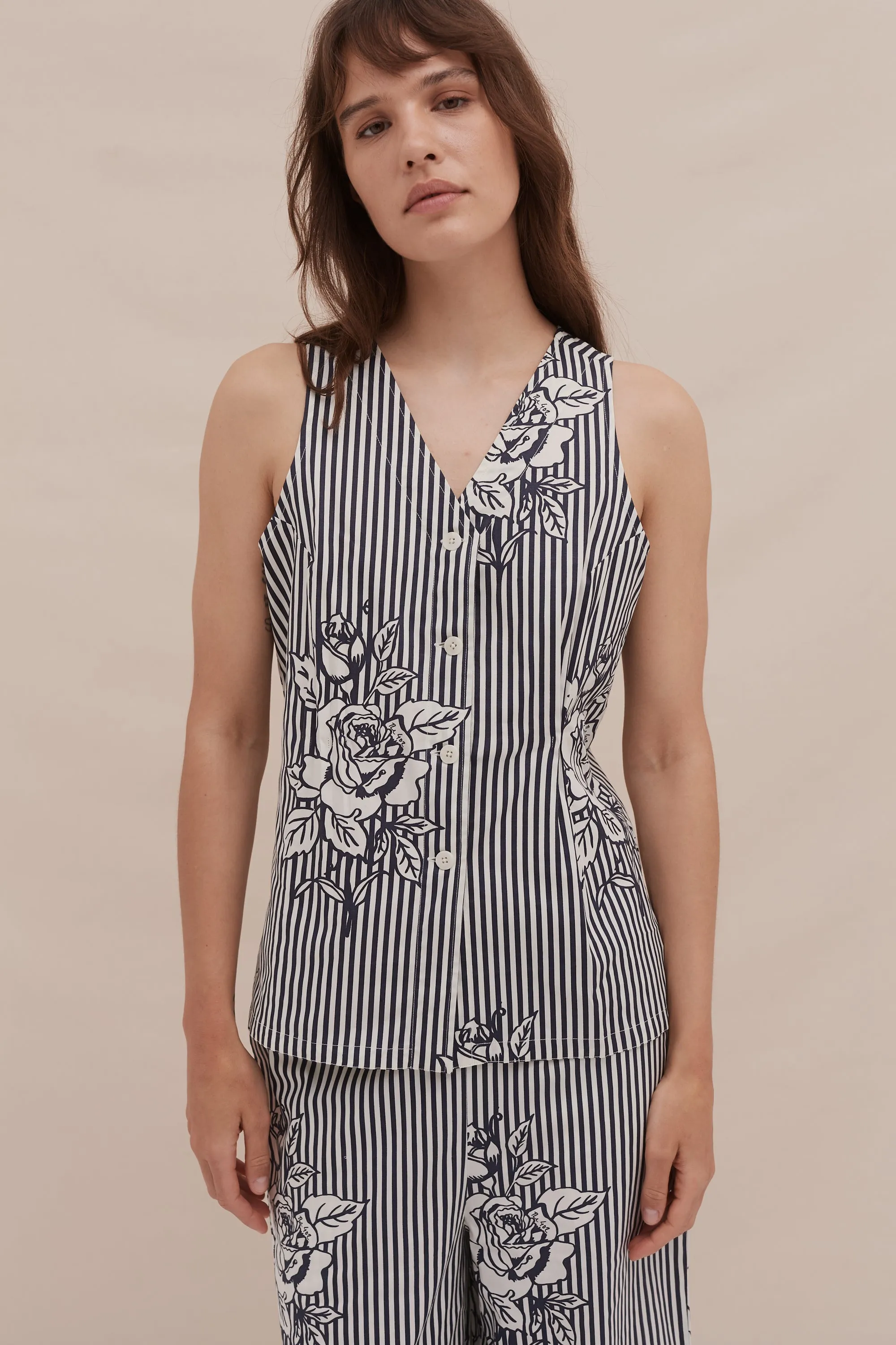 402 Vest Cami Pinstripe Rose Navy sold by Desmond & Dempsey