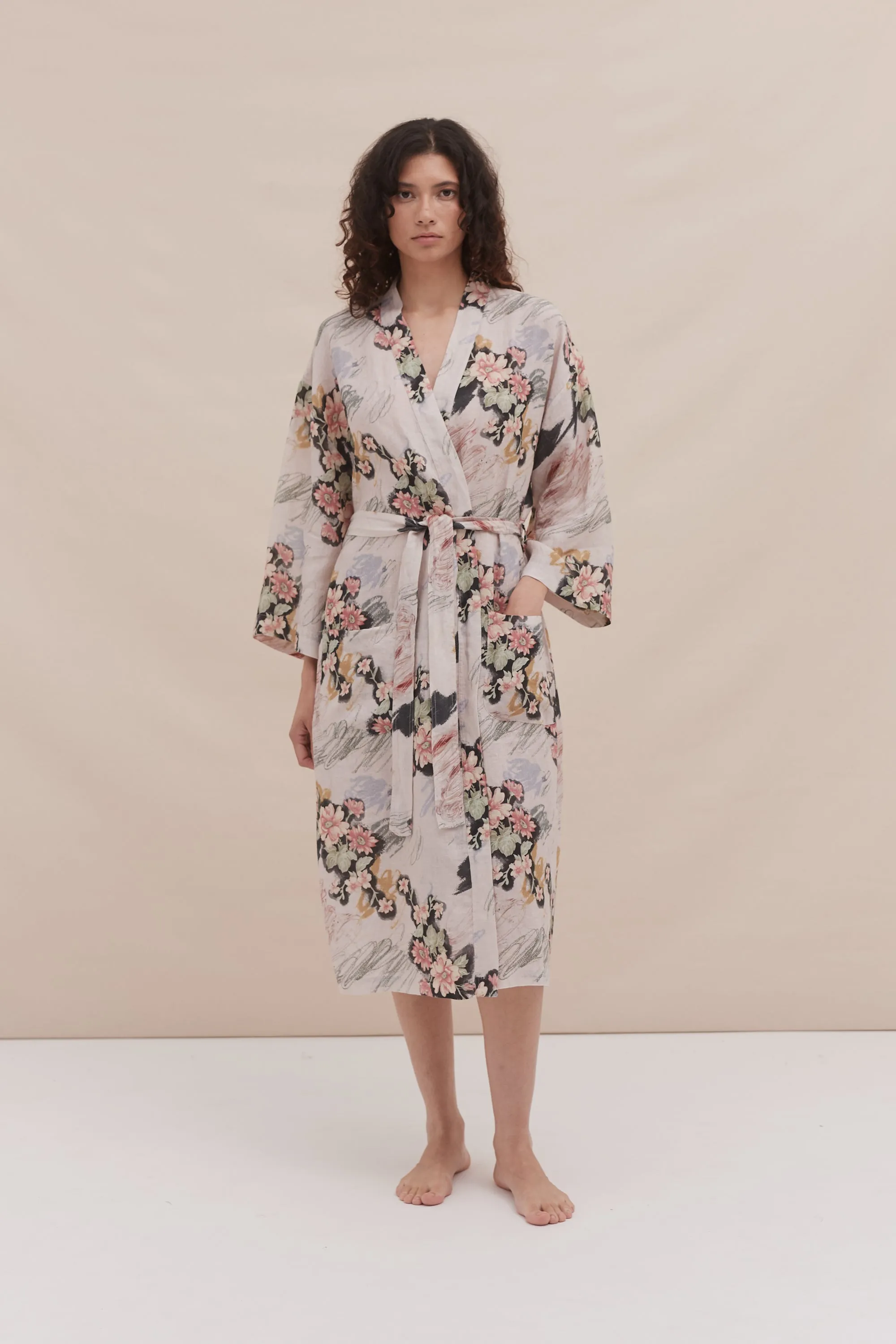 Wrap Robe Love Print Chalk Linen sold by Desmond & Dempsey