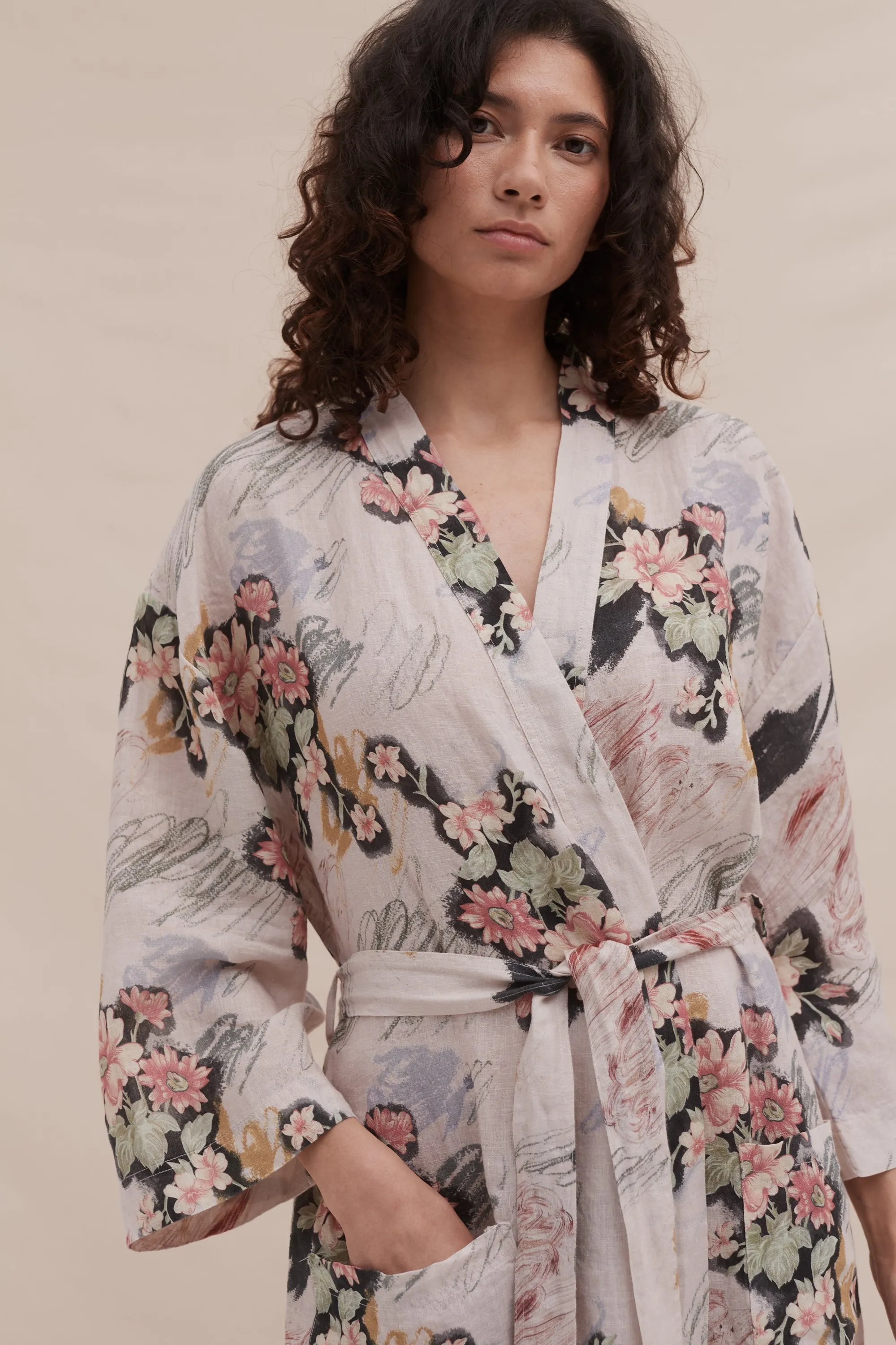 Wrap Robe Love Print Chalk Linen sold by Desmond & Dempsey product image thumbnail 5