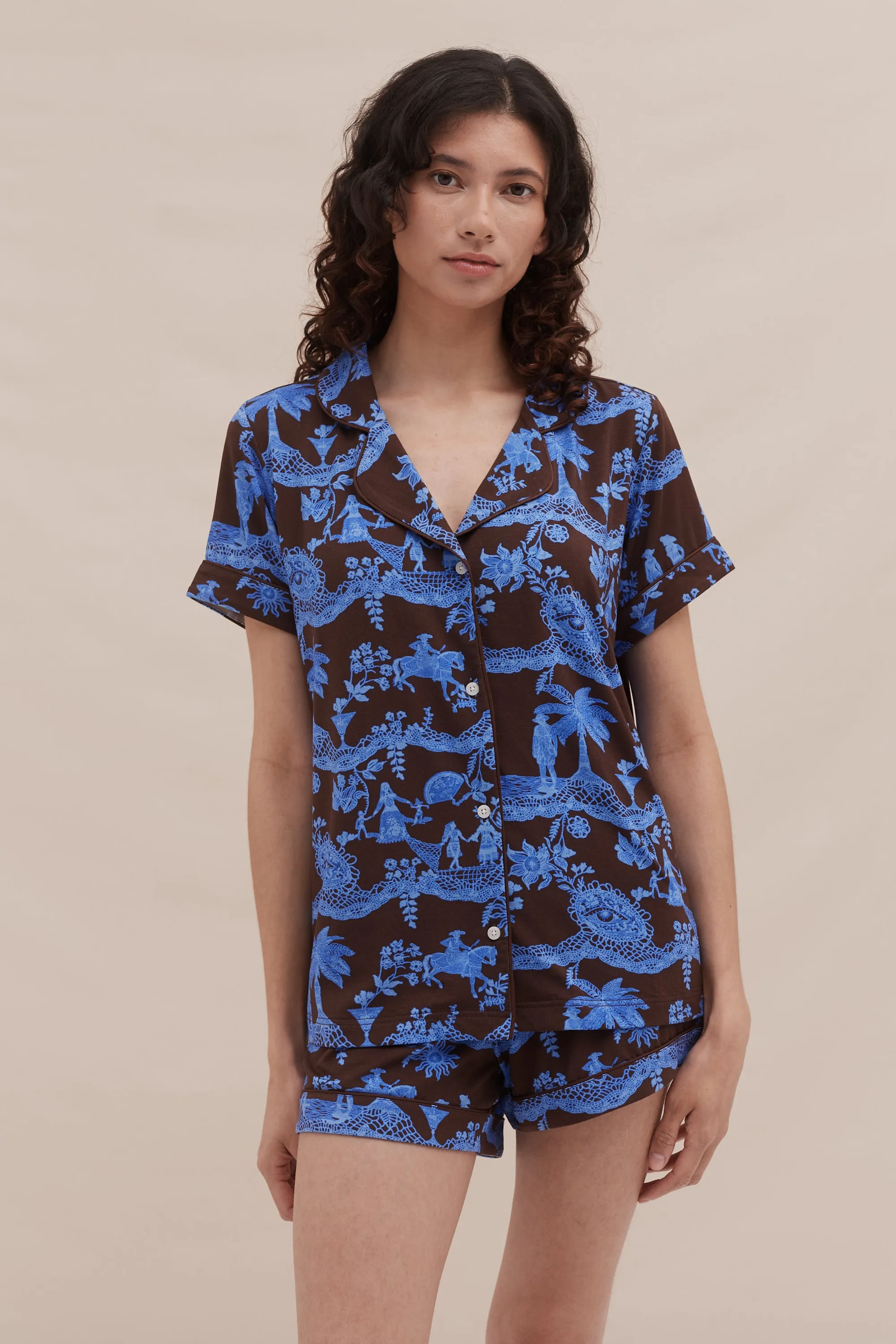 Lyocell Jersey Short Pyjama Set Lace Espresso/Ice Blue sold by Desmond & Dempsey product image thumbnail 4