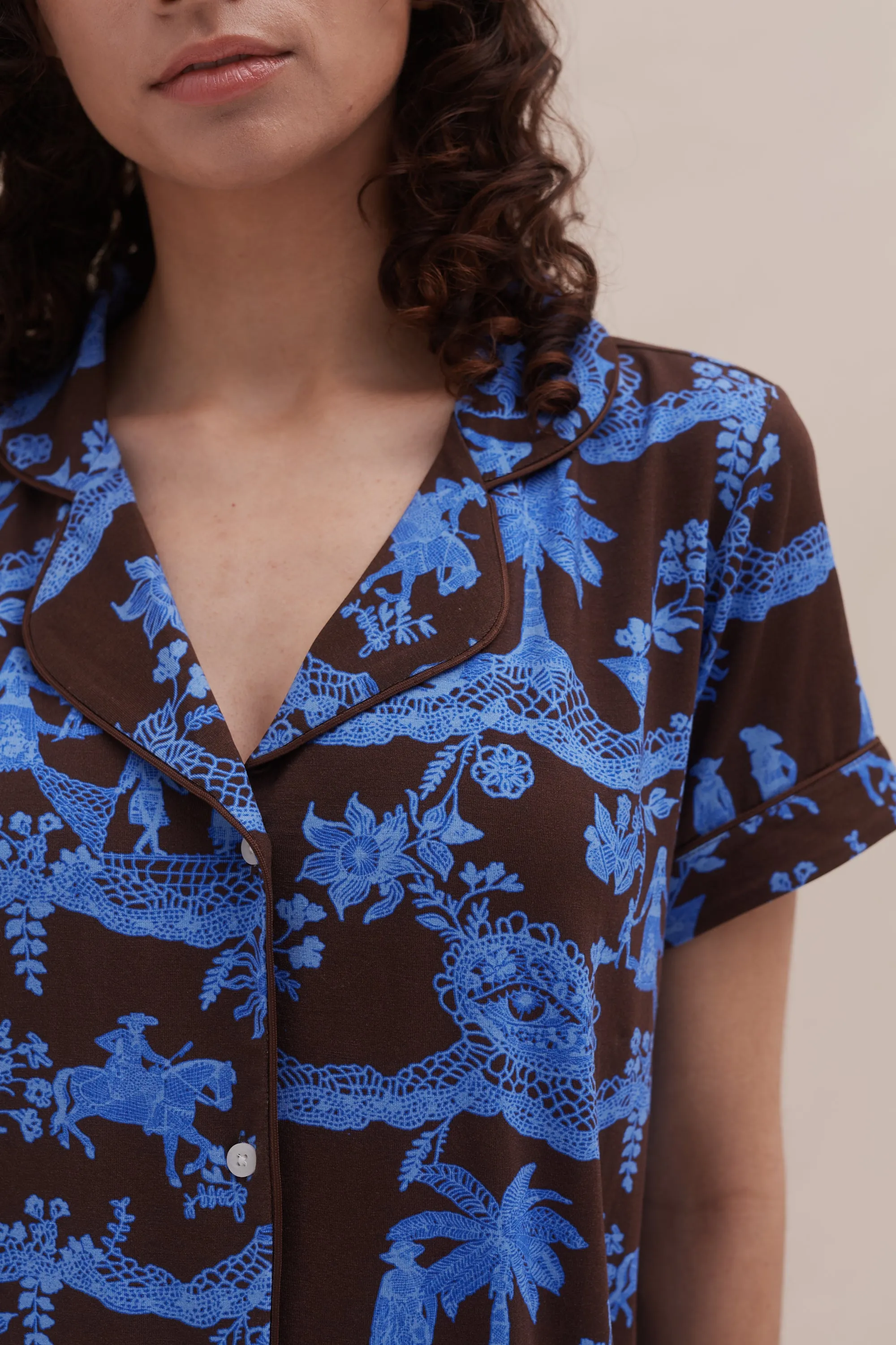 Lyocell Jersey Short Pyjama Set Lace Espresso/Ice Blue sold by Desmond & Dempsey product image thumbnail 5