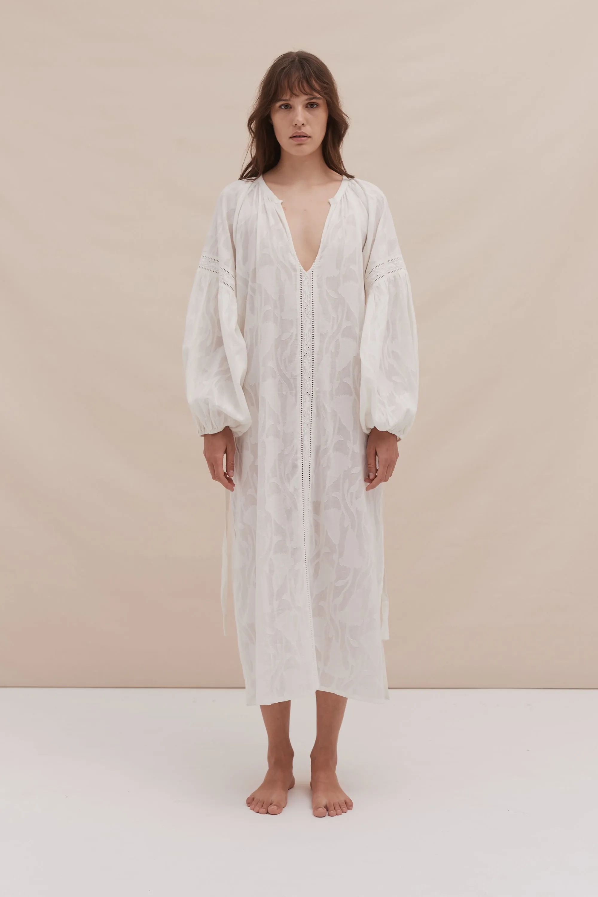 Blouson Sleeve Kaftan Floral Jacquard White sold by Desmond & Dempsey