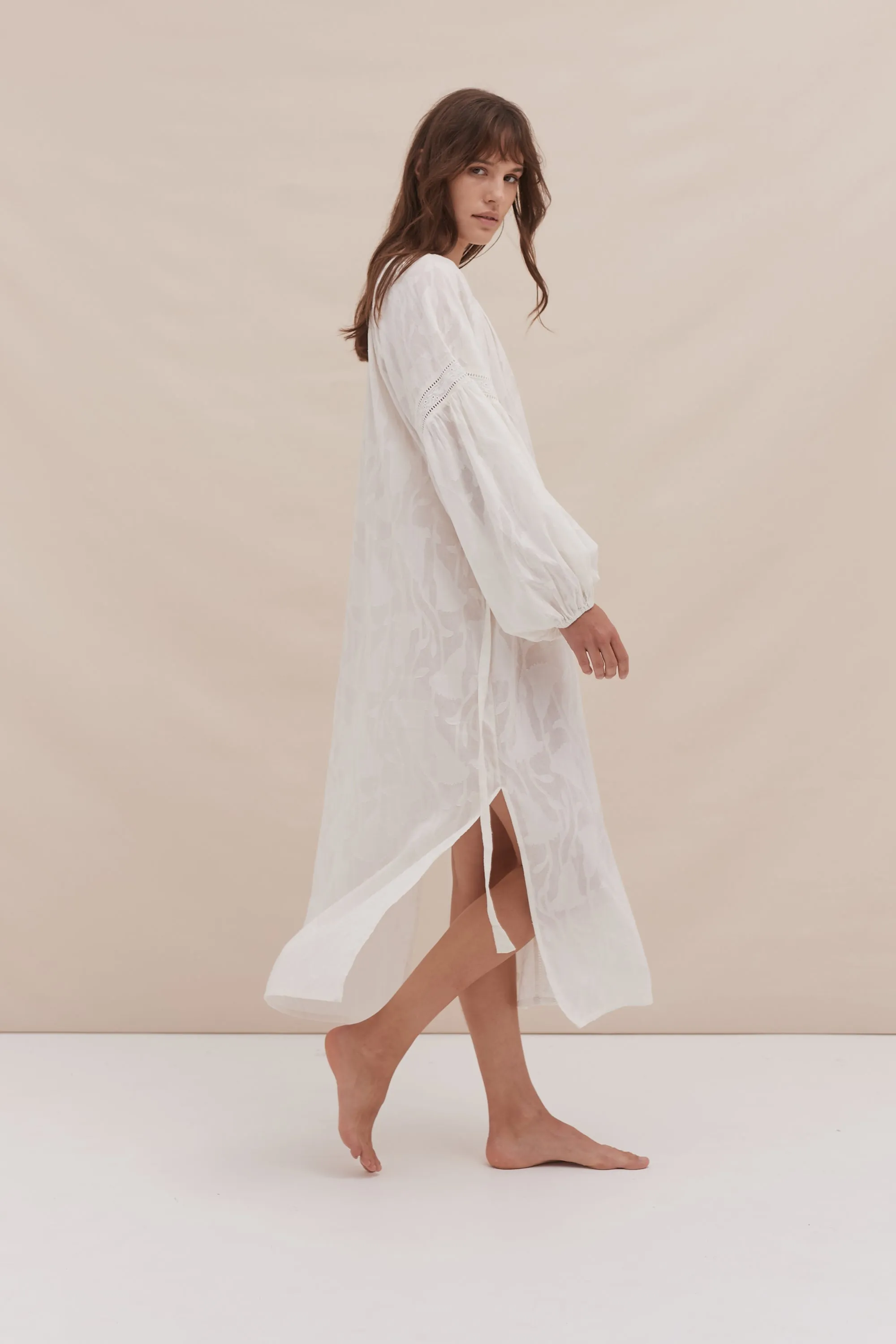 Blouson Sleeve Kaftan Floral Jacquard White sold by Desmond & Dempsey product image thumbnail 2