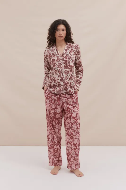 Long Pyjama Set Alma Fig Print Burgundy/Cream and Red/Pink sold by Desmond & Dempsey