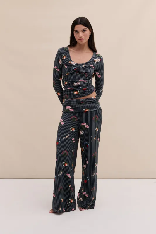 Lyocell Jersey Twist Top & Fold Over Trousers Set Primavera Pinstripe Navy sold by Desmond & Dempsey