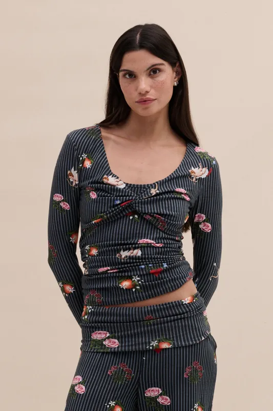 Lyocell Jersey Twist Top Primavera Pinstripe Navy sold by Desmond & Dempsey