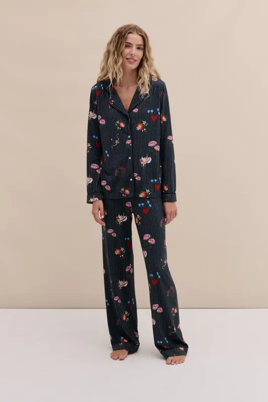 Lyocell Jersey Long Pyjama Set Primavera Pinstripe Navy sold by Desmond & Dempsey