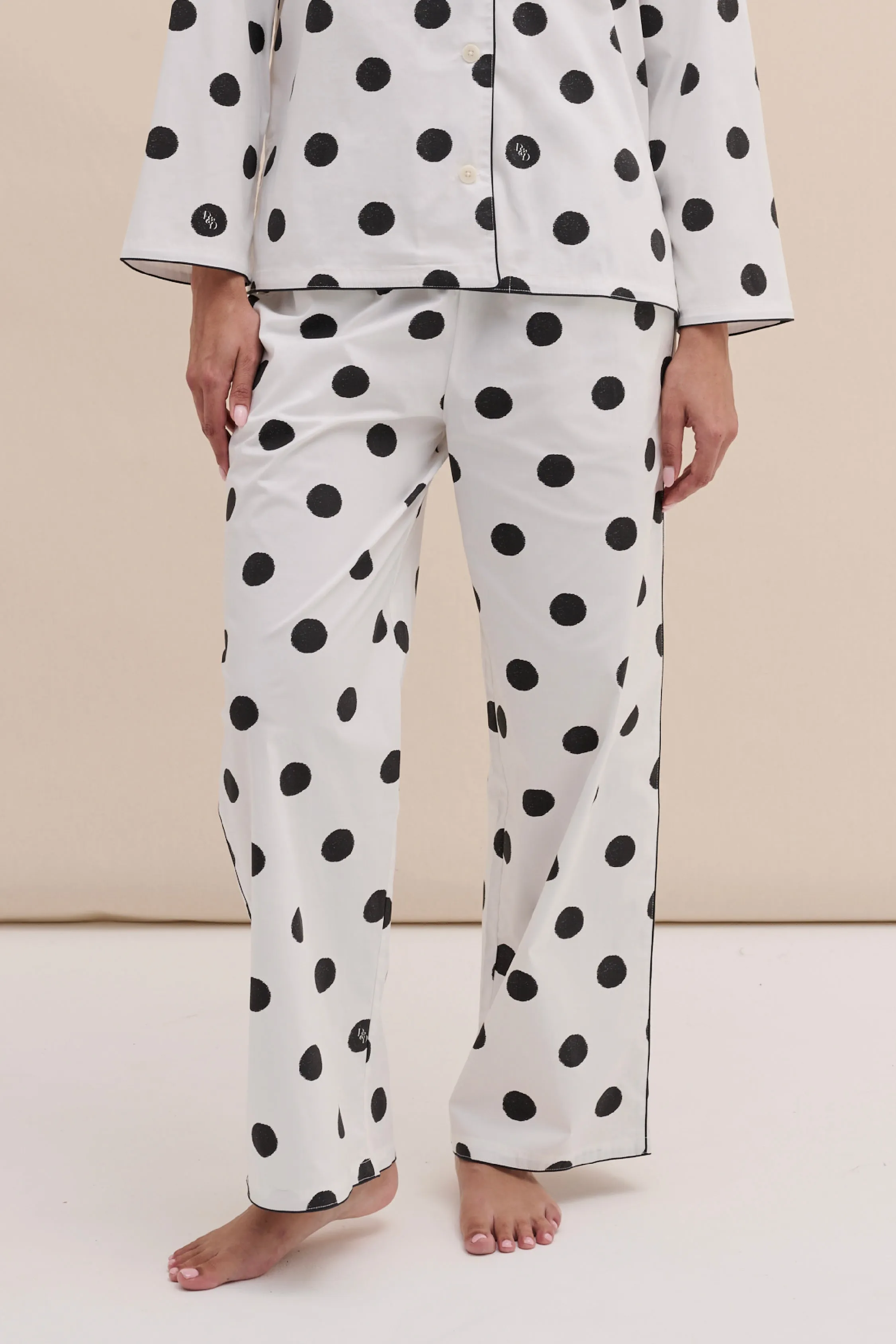 402 Trousers Dot White/Black sold by Desmond & Dempsey