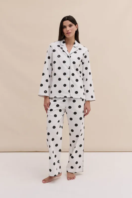 402 Long Pyjama Set Dot White/Black sold by Desmond & Dempsey
