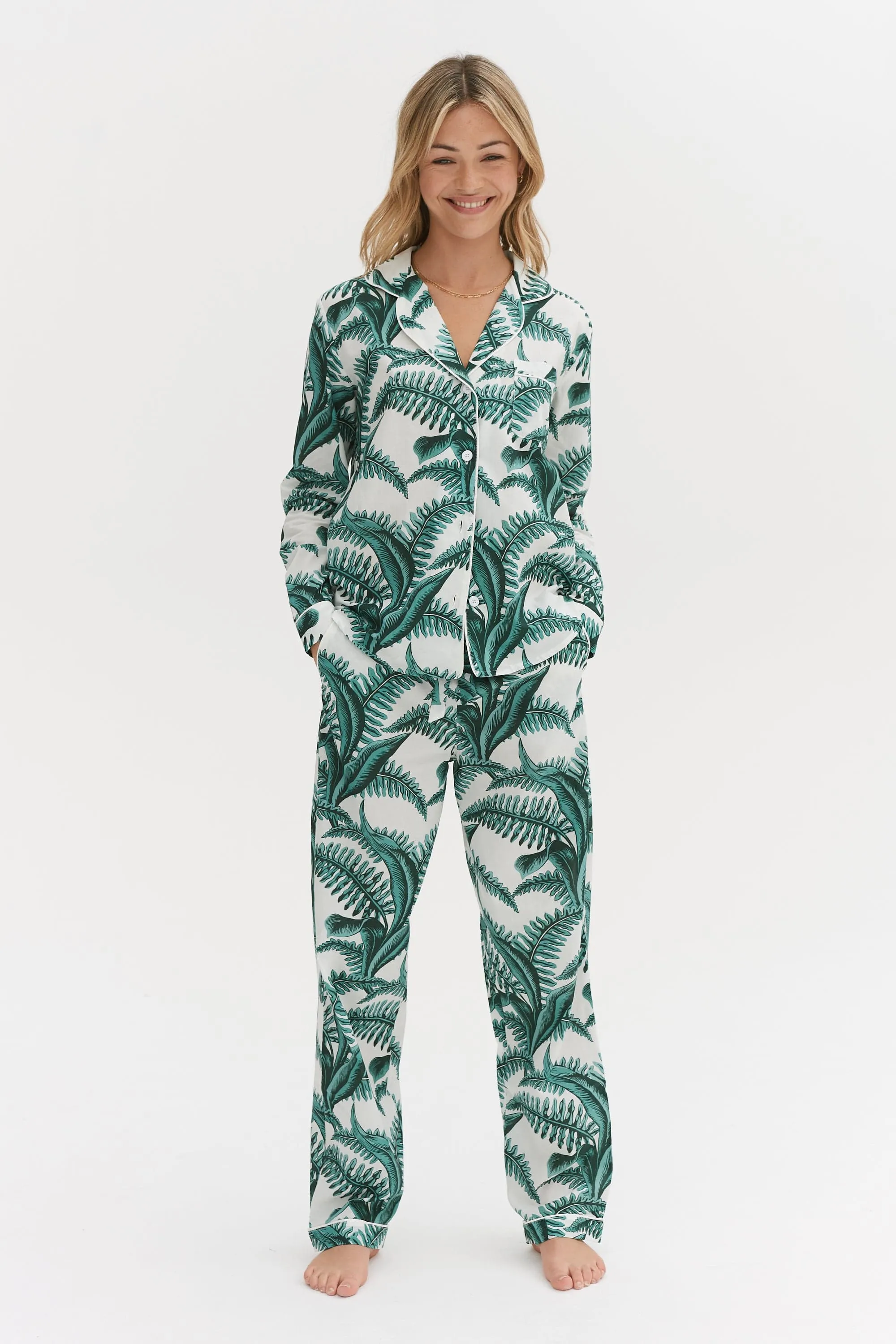 Long Pyjama Set The Fern Print White/Green sold by Desmond & Dempsey