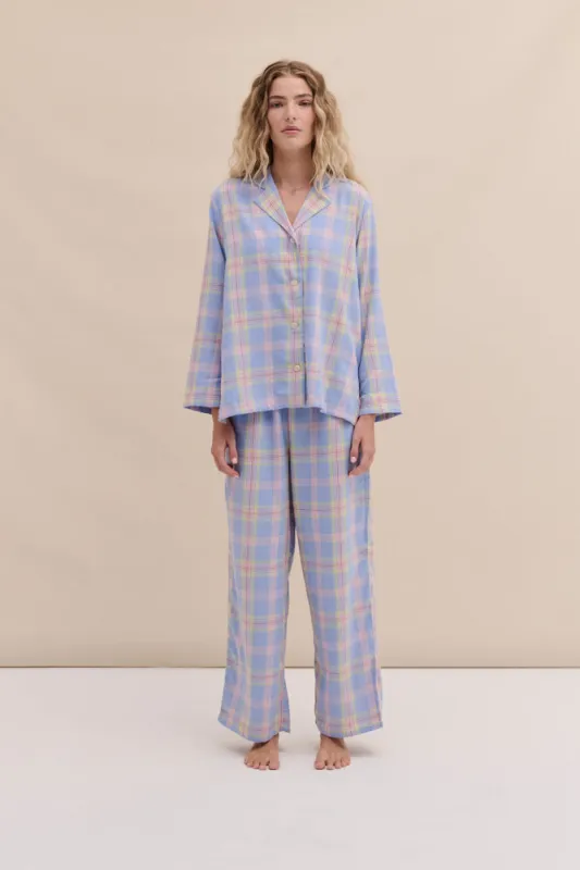 402 Long Pyjama Set Lightweight Flannel Blue/Pink sold by Desmond & Dempsey