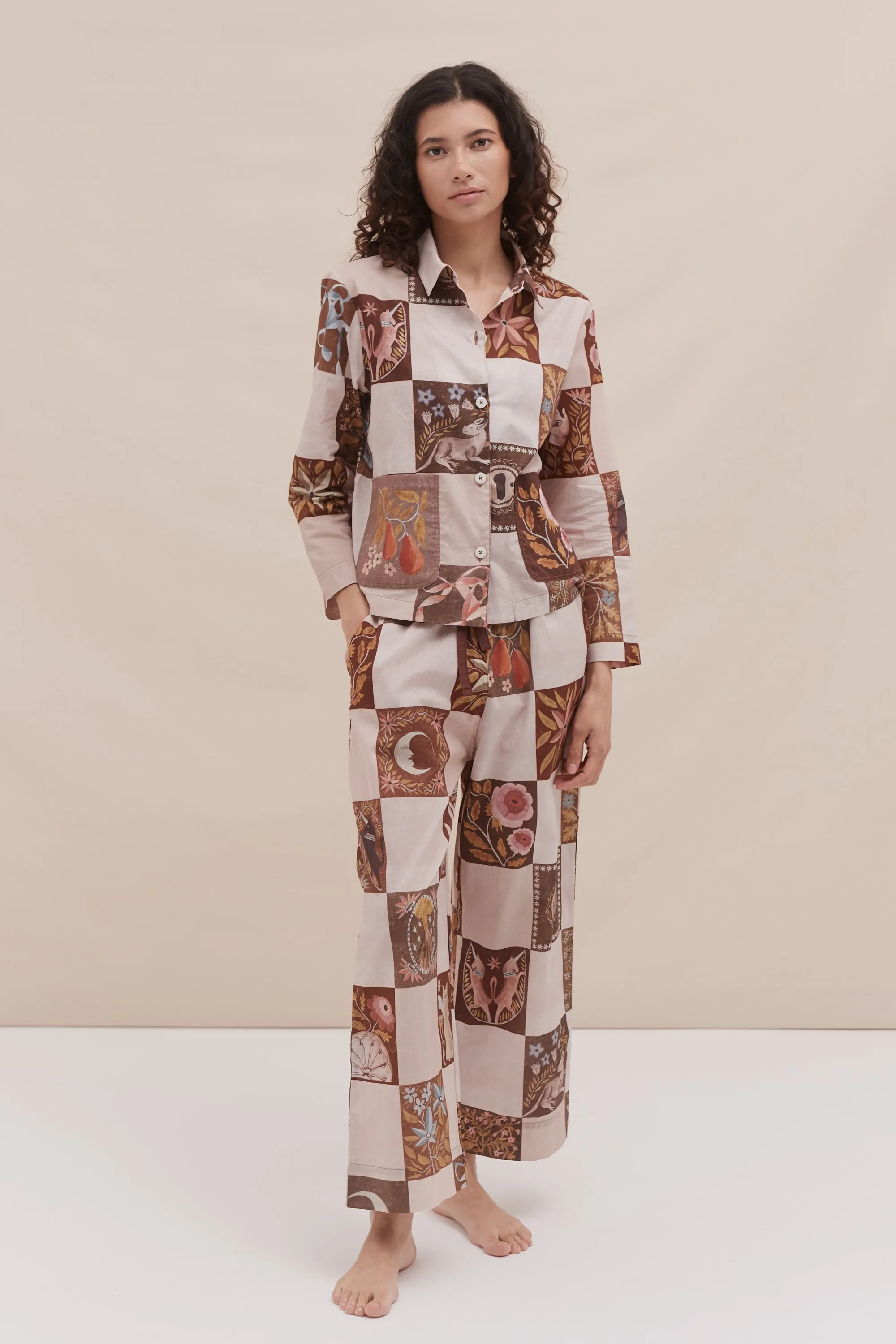 Pocket Set Idle Hands Check Mocha/Pink sold by Desmond & Dempsey