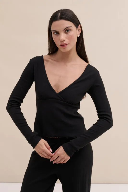 Pointelle Long Sleeve Top Black sold by Desmond & Dempsey