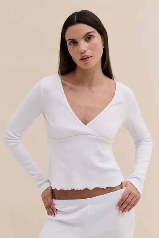 Pointelle Long Sleeve Top White sold by Desmond & Dempsey