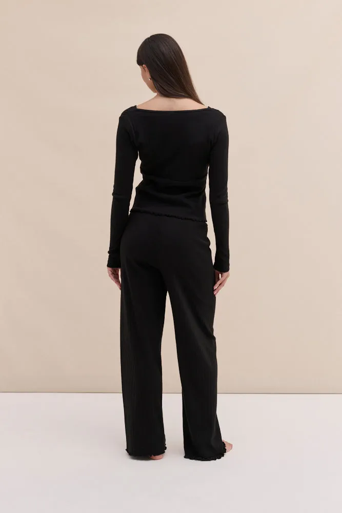 Pointelle Long Sleeve Top & Trouser Set Black sold by Desmond & Dempsey product image thumbnail 4