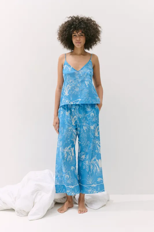 Cami Top and Wide Leg Trouser Set Temple Del Sol Blue made by Desmond & Dempsey