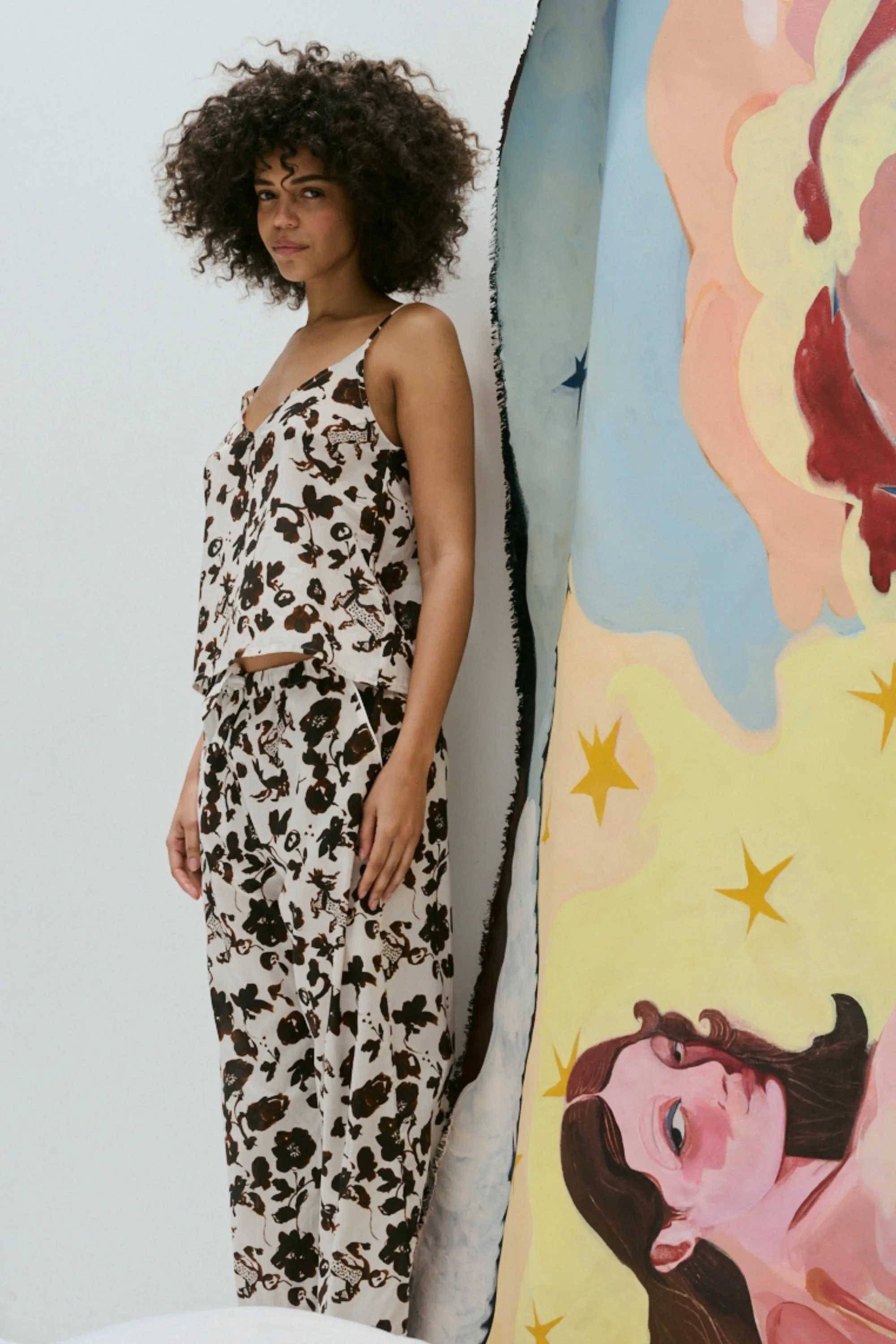 Cami Top and Wide Leg Trouser Set Bunny Cream/Brown sold by Desmond & Dempsey product image thumbnail 4