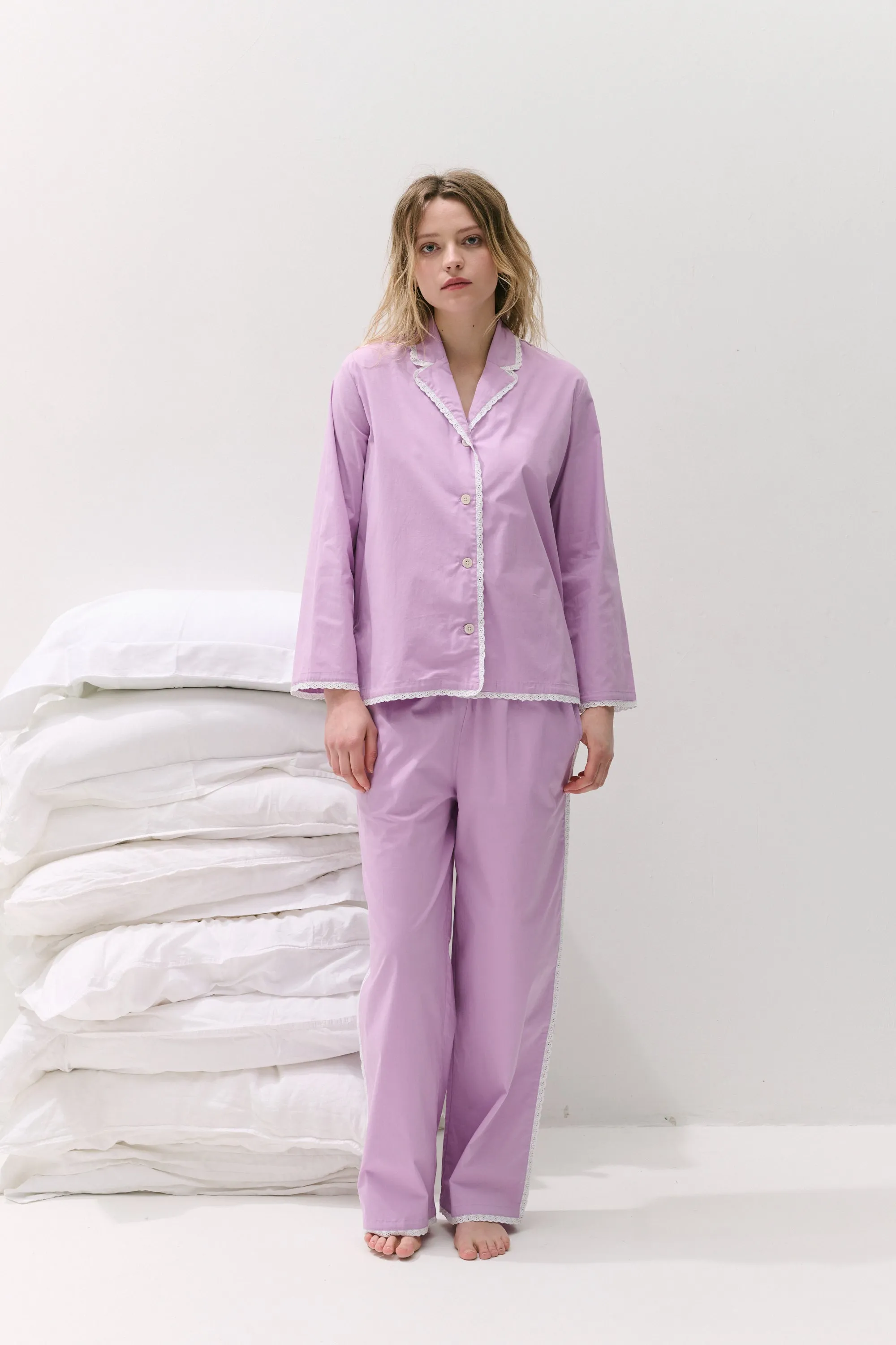 402 Long Pyjama Set Purple with Trims sold by Desmond & Dempsey