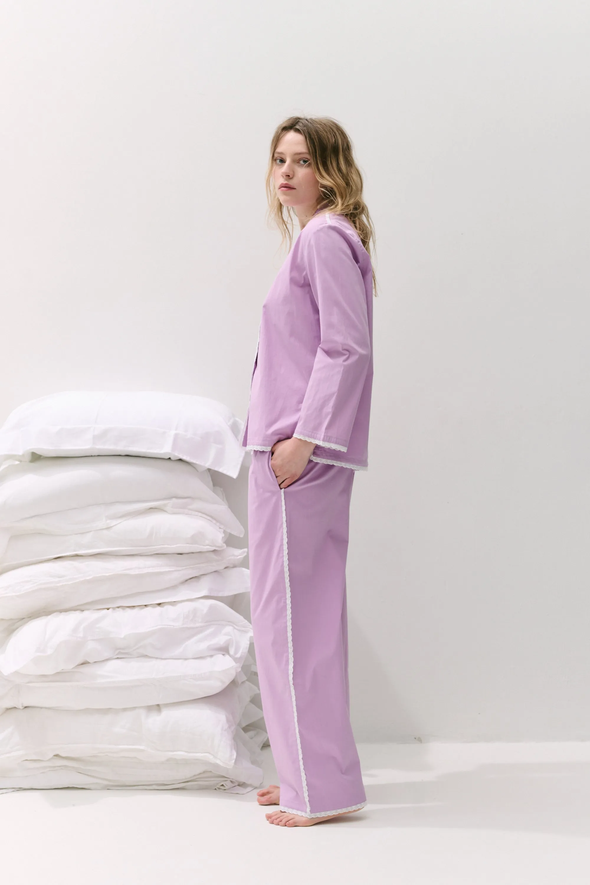 402 Long Pyjama Set Purple with Trims sold by Desmond & Dempsey product image thumbnail 4