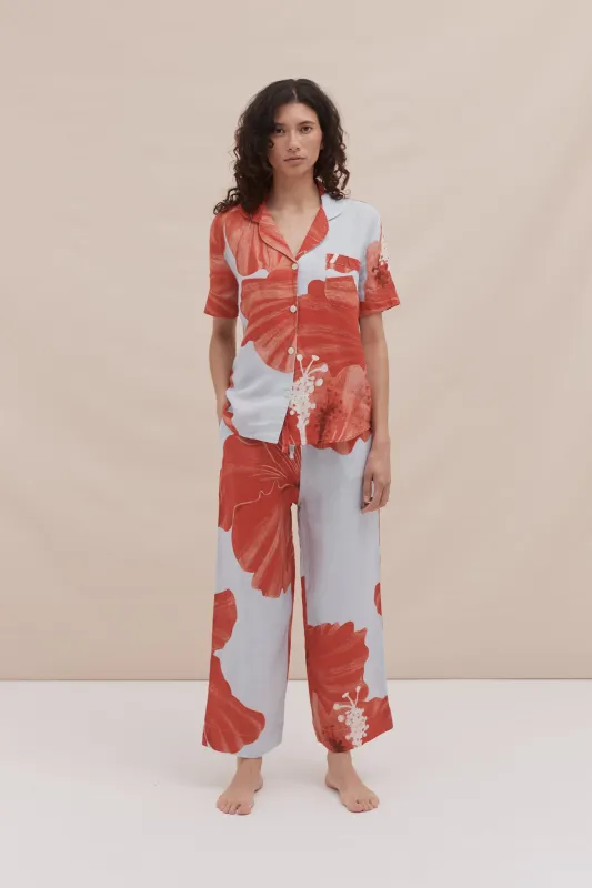 Short Sleeve Shirt & Pocket Trouser Set Grand Hibiscus Print Blue/Red Linen made by Desmond & Dempsey