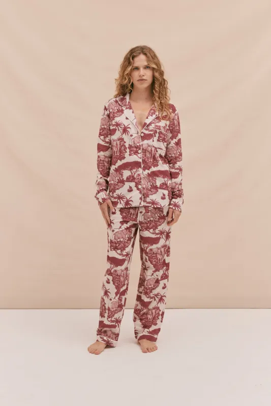 Long Pyjama Set Loxodonta Print Wine sold by Desmond & Dempsey