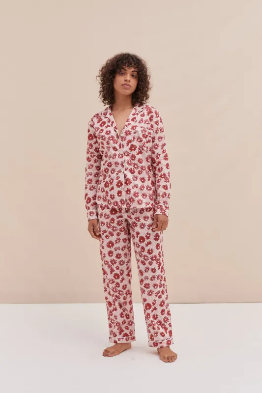 Long Pyjama Set Chamomile Print Pink/Red sold by Desmond & Dempsey